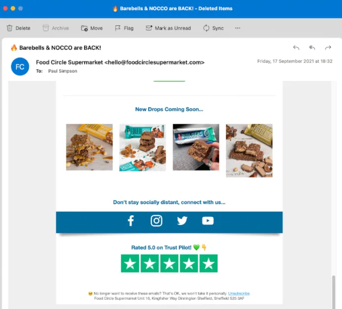 Trustpilot-Sterne und Link zum Trustpilot-Profil in der E-Mail-Signatur von Food Circle Supermarket