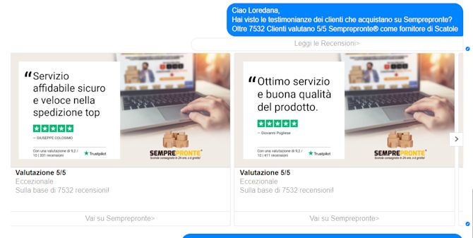 Immagine che mostra le recensioni di Trustpilot nei messaggi su Messenger