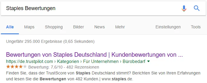 Trustpilot-Profil von Staples in der organischen Suche