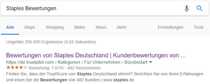 Trustpilot-Profil von Staples in der organischen Suche Trustpilot-Profil von Staples in der organischen Suche