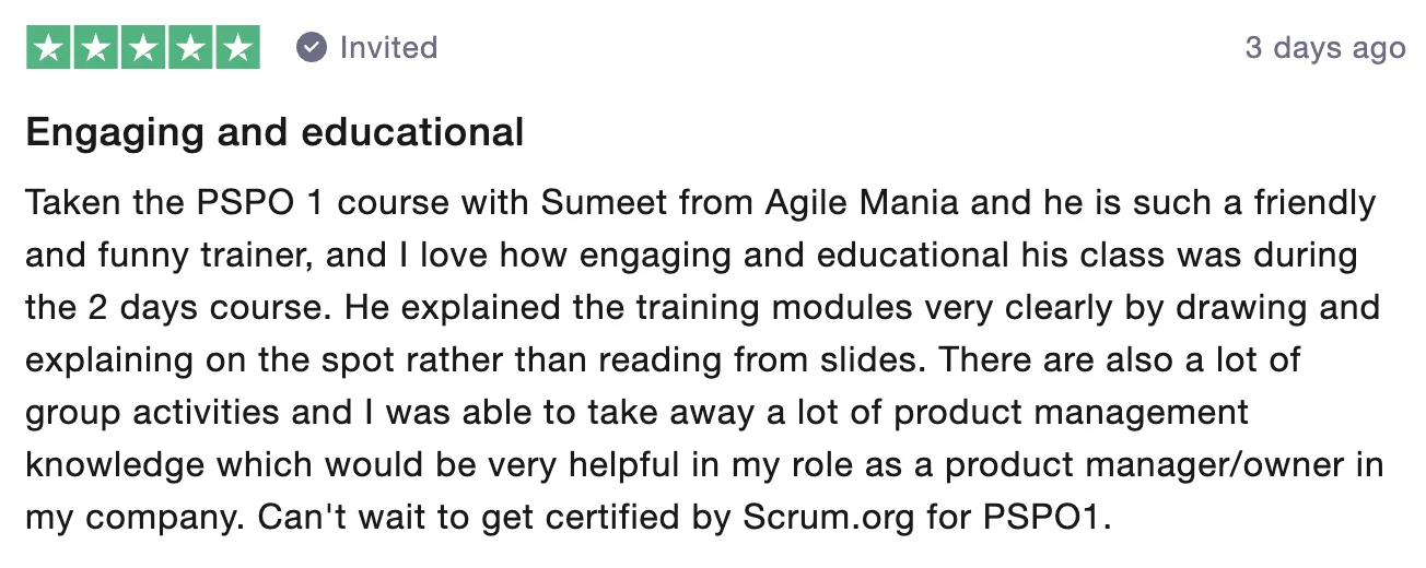 A verified Trustpilot review giving feedback about one of the trainers