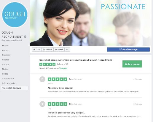 Gough recruitment Facebook Trustpilot integration