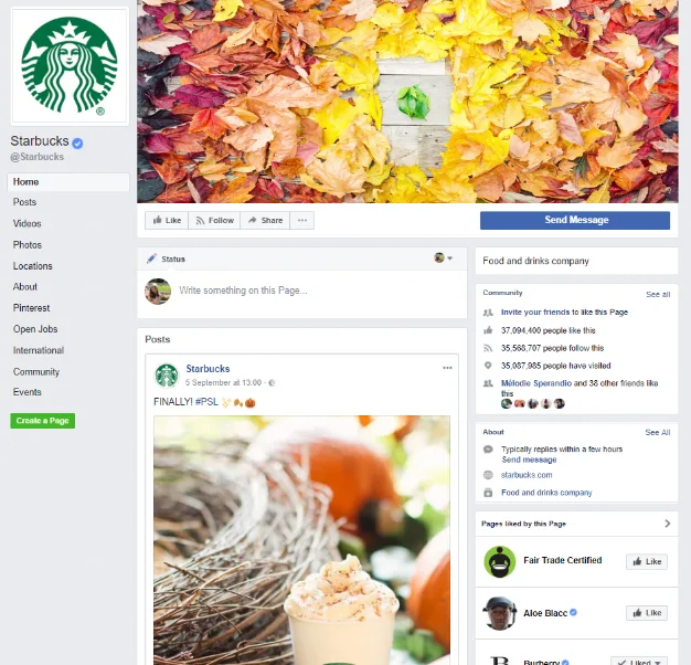 Screenshot der Facebook-Seite von Starbucks