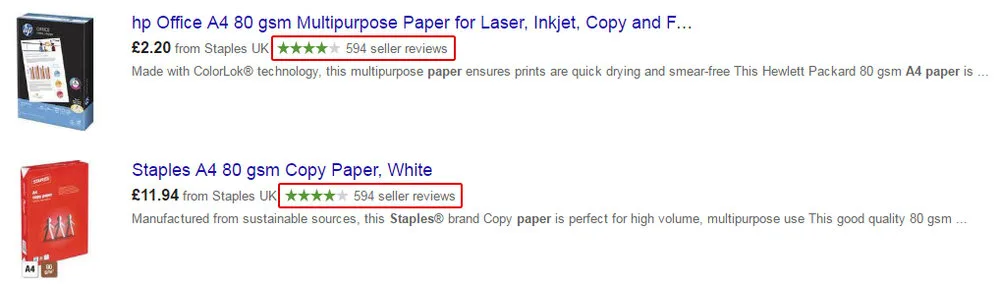 Bewertungssterne von Staples bei Google Shopping