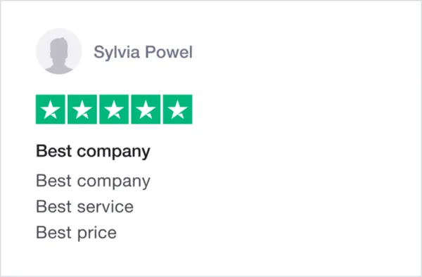 Illustration of a probably fake Trustpilot review with this text: best company. Best service. best price. (5 stars)