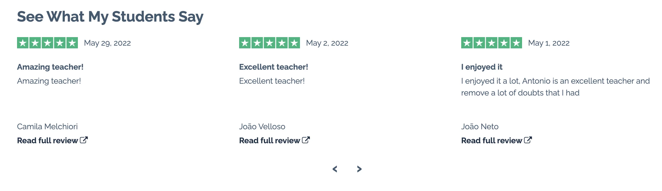 Students can find reviews about specific teachers on each trainer’s profile page