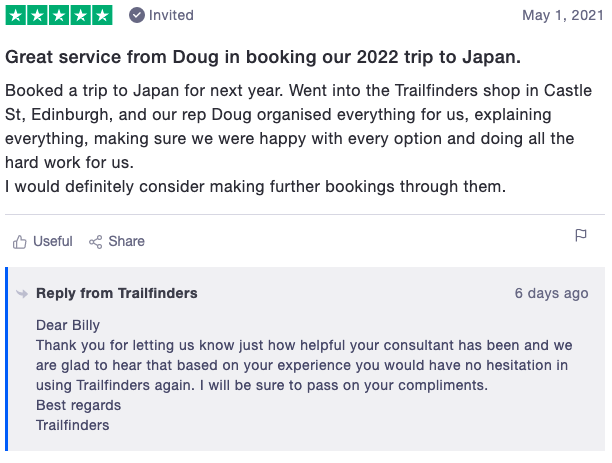 Review of Trailfinders including reply from company: Great service from Doug in booking our 2022 trip to Japan. (5 stars)
