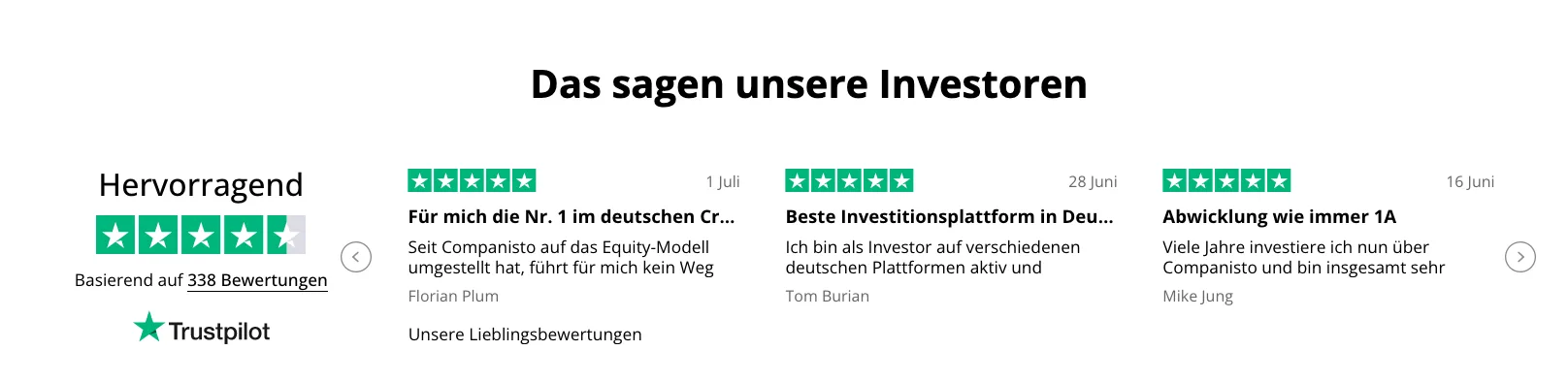 Sterne und Bewertungszitate in einem Trustpilot-Widget auf der Startseite von Companisto