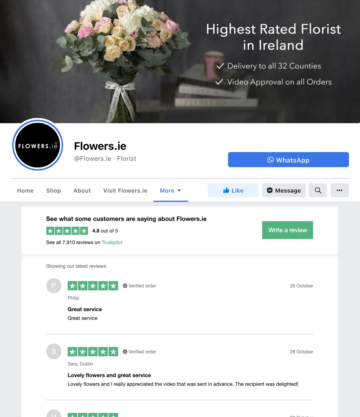 Flowers.ie have embedded Trustpilot reviews on their Facebook Page