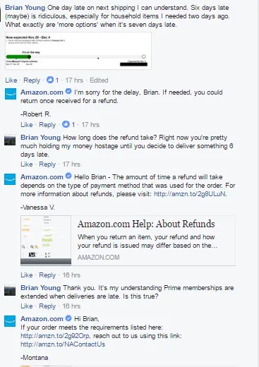 Screenshot: Unterhaltung zwischen Amazon und einem Kunden in einem öffentlichen Beitrag auf der Facebook-Seite des Unternehmens