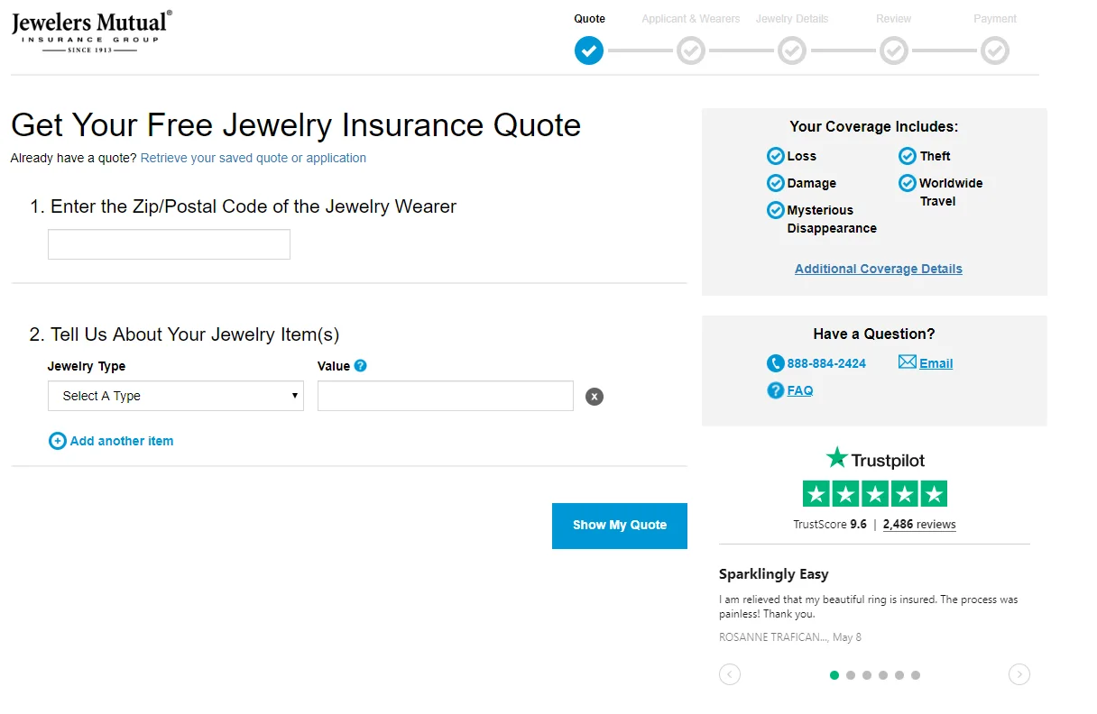 Social Proof durch Bewertungssterne, TrustScore und Kundenbewertungszitate auf der Website von Jewelers Mutual