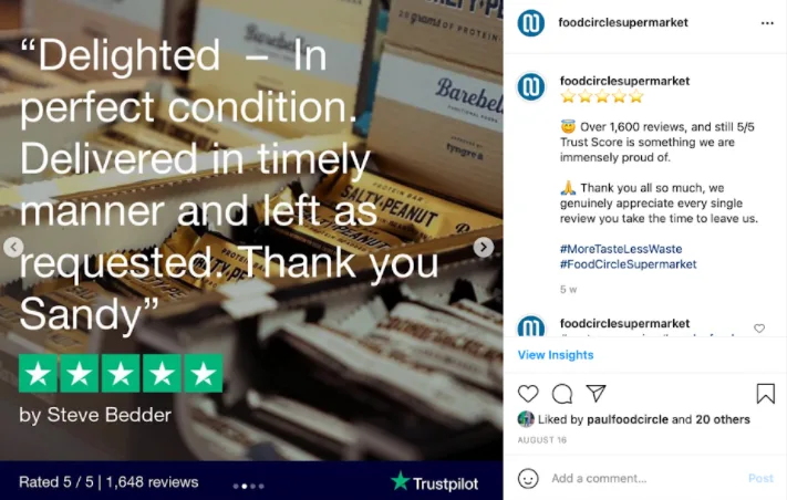 Instagram-Post von Food Circle Supermarket mit Trustpilot-Kundenbewertung