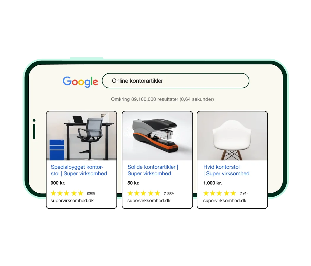 Features page: Product Reviews - left right 3 2-Stand out in search results - Product reviews page - Danish