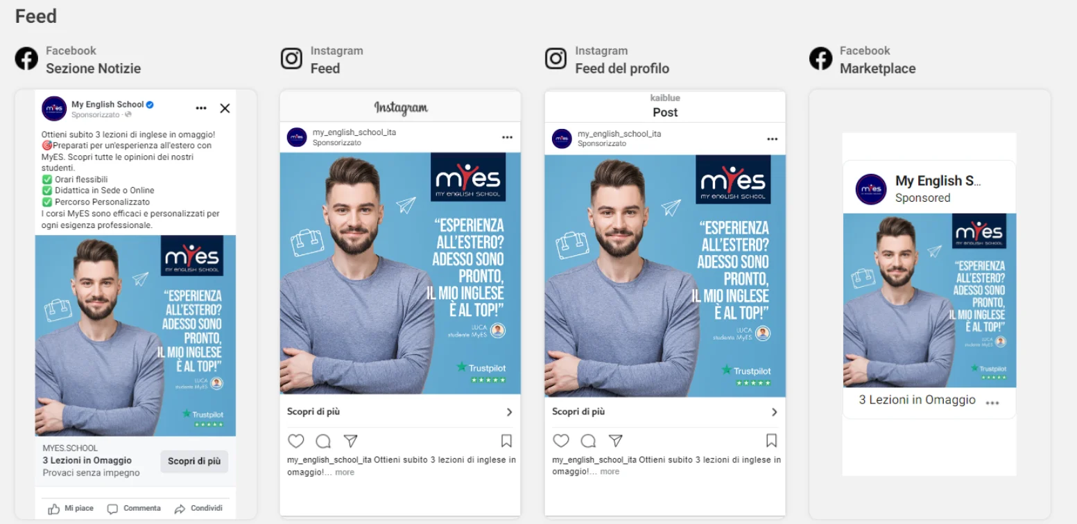 Anzeigen für die sozialen Medien aus der MyES-Marketingkampagne mit der Trustpilot-Sternebewertung der Marke