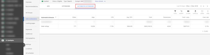 Click “View: Automated extensions report” and look for “Seller Ratings” Billede-3