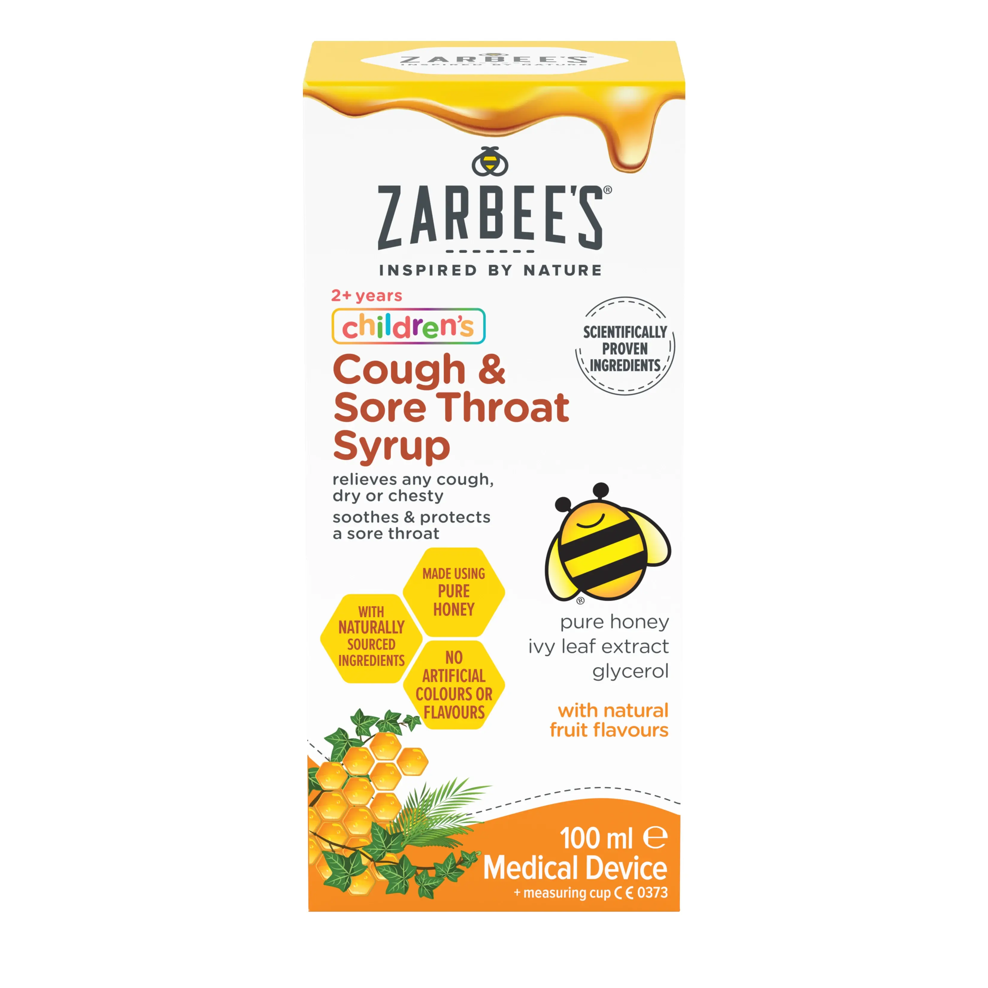Zarbees® Children's Cough & Sore Throat Syrup, 100ml.  Relieves Coughs, soothes sore throats.  For children aged 2+.