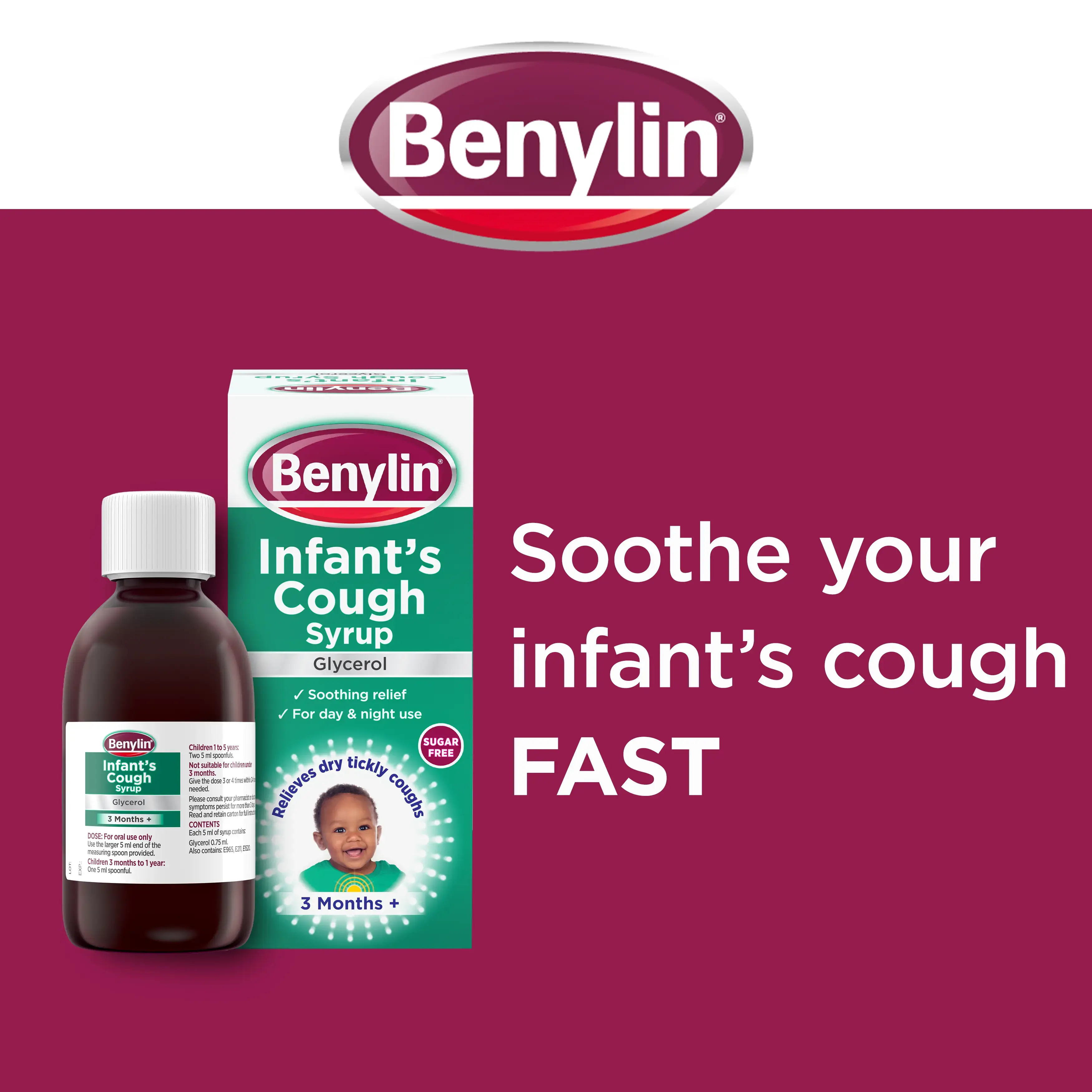 Image showing Benylin Infant's Cough Syrup with the claim: Soothe your infant's cough fast
