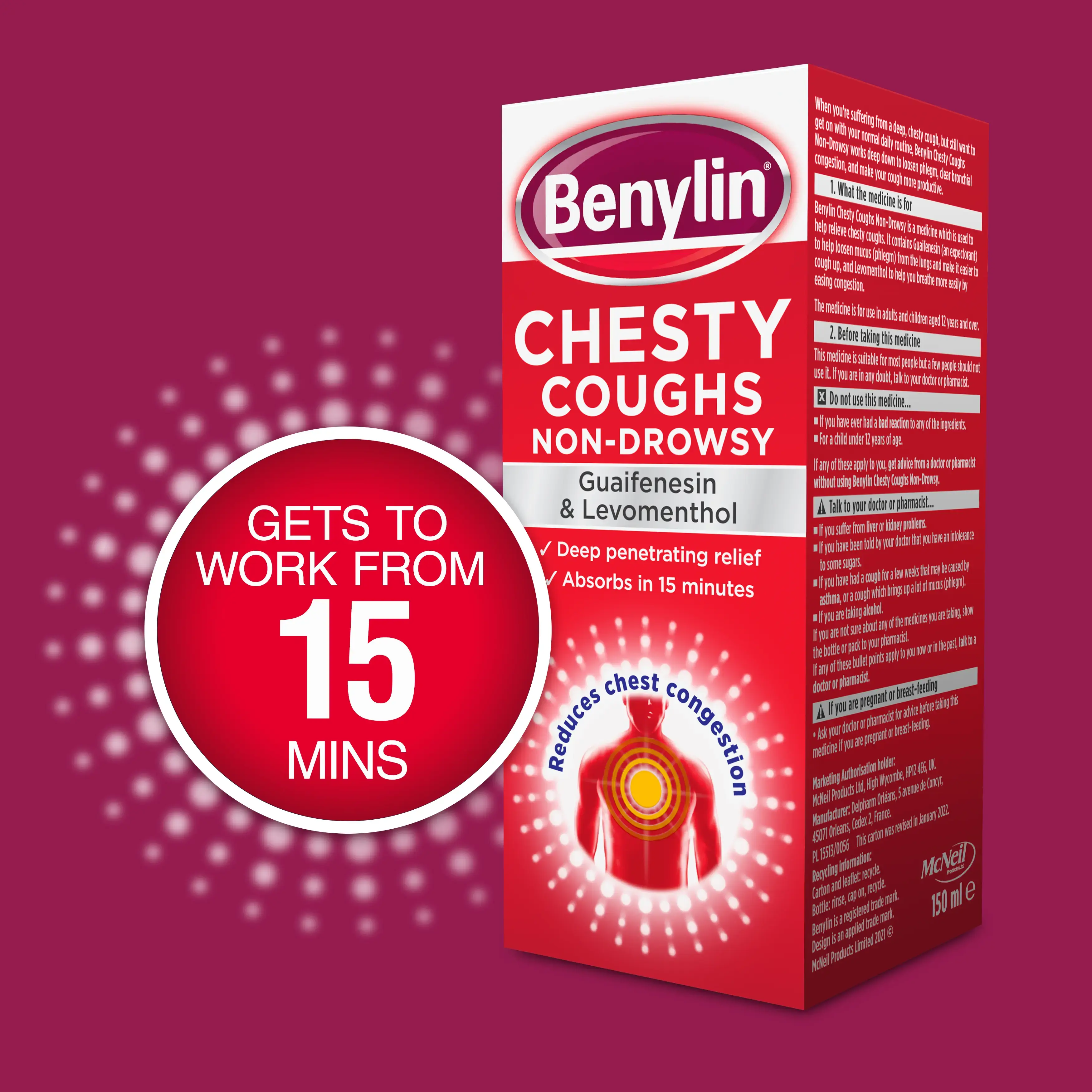 Image showing Benylin Chesty Coughs non-drowsy product with the claim: Gets works from 15min