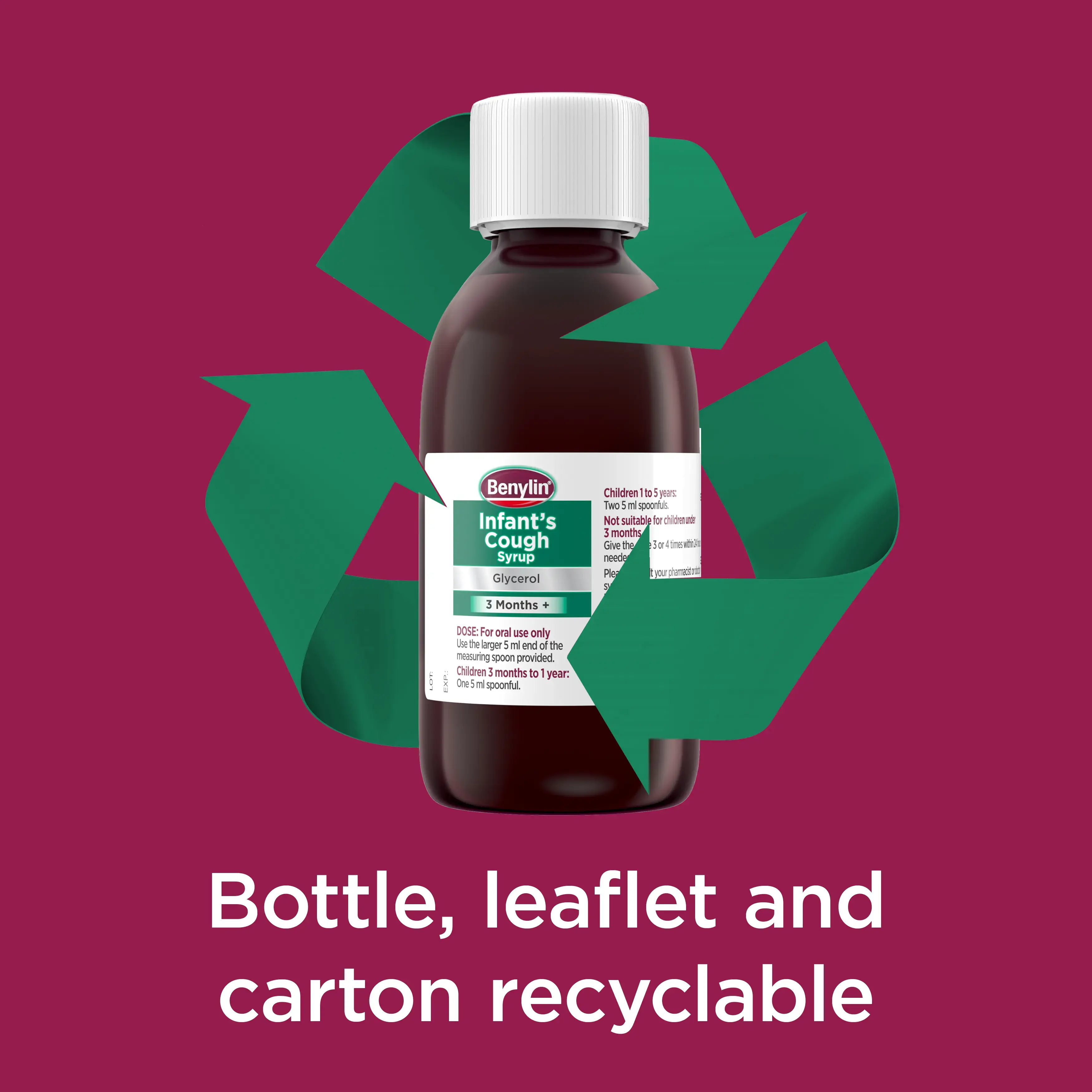 Image showing the bottle of Benylin Infant's Cough Syrup with the claim: Bottle, leaflet and carton recyclable