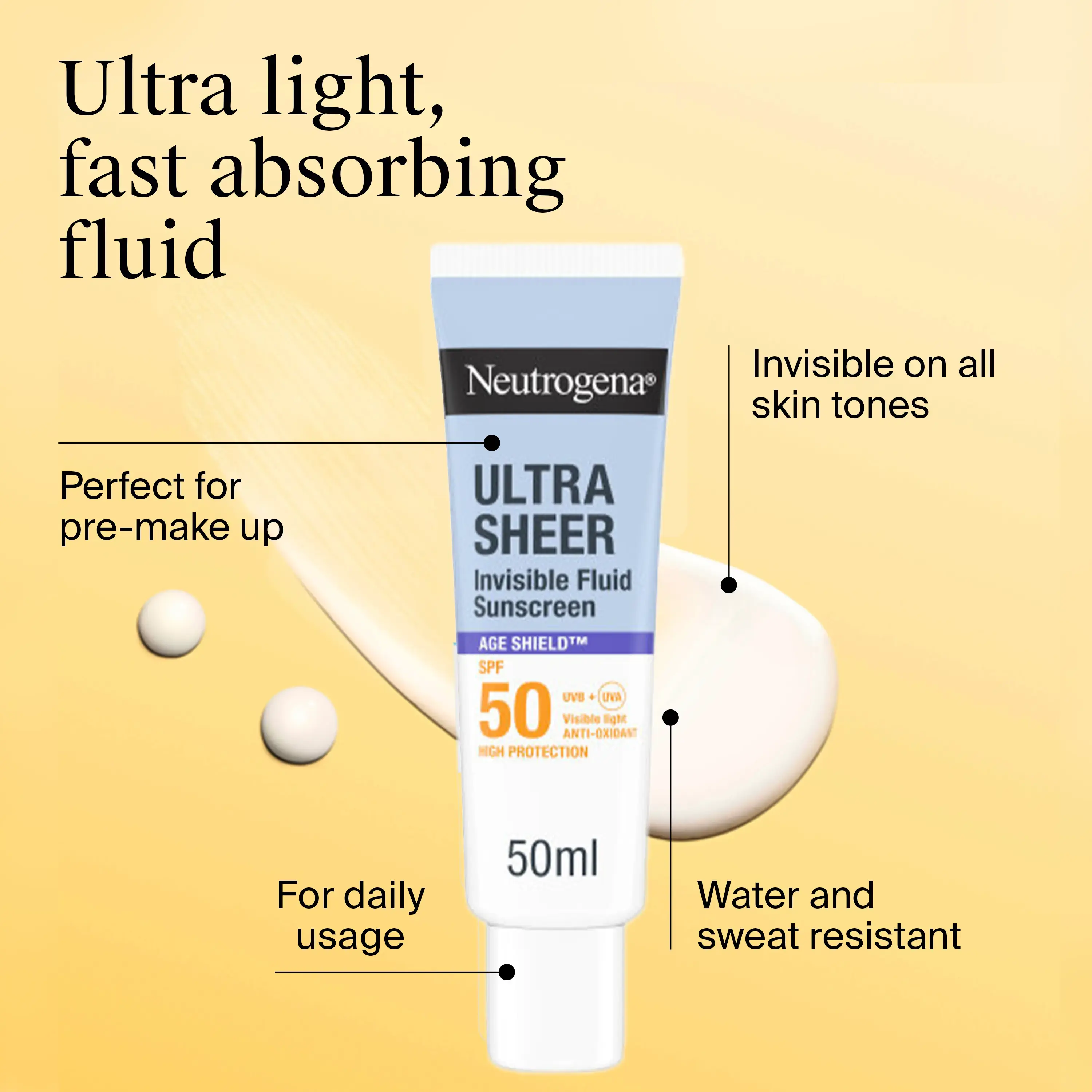 Neutrogena® Ultra Sheer Invisible Fluid Sunscreen Age Shield™ SPF50