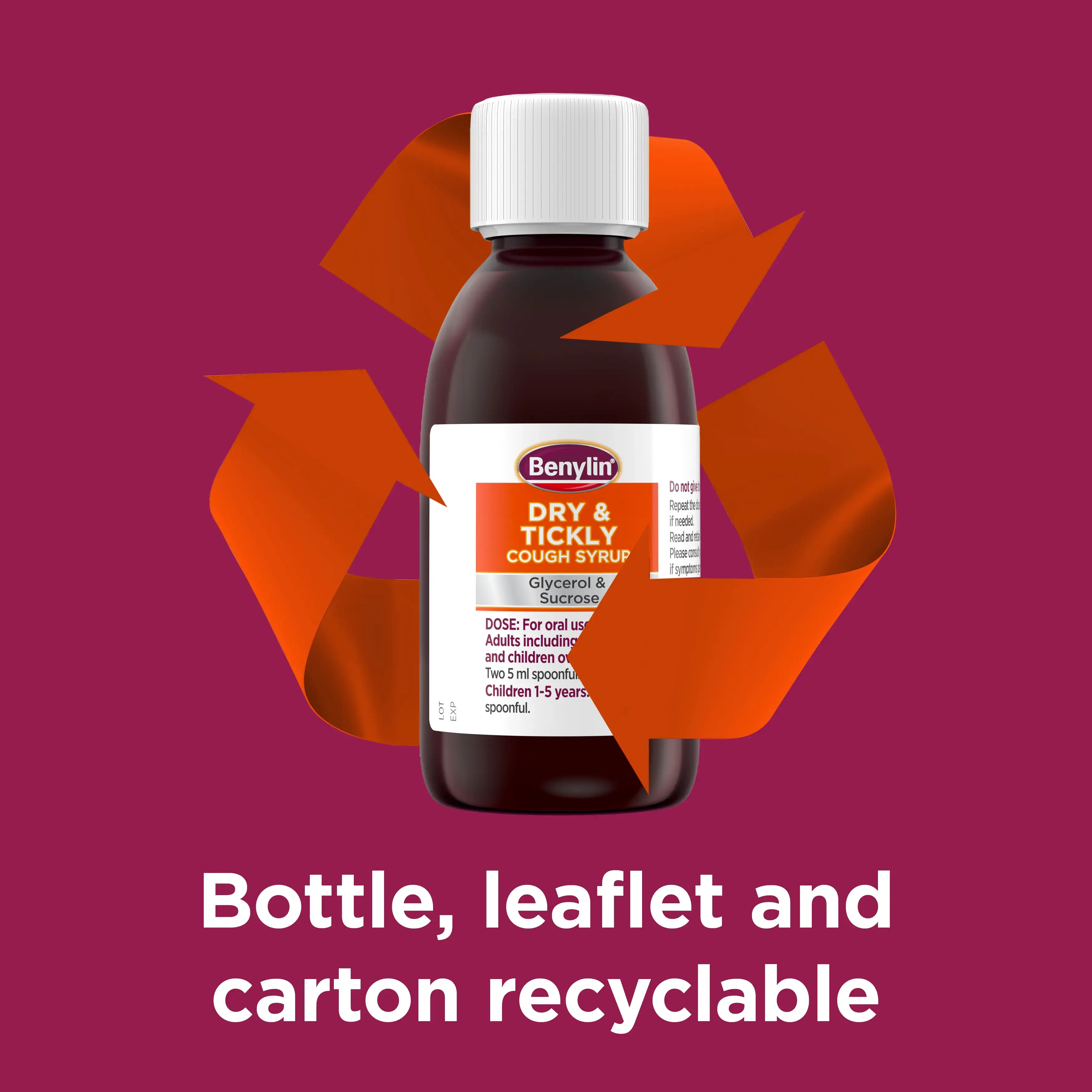 Image showing packshot of Benylin Dry & Tickly with the claim: Bottle, leaflet and carton reciclable
