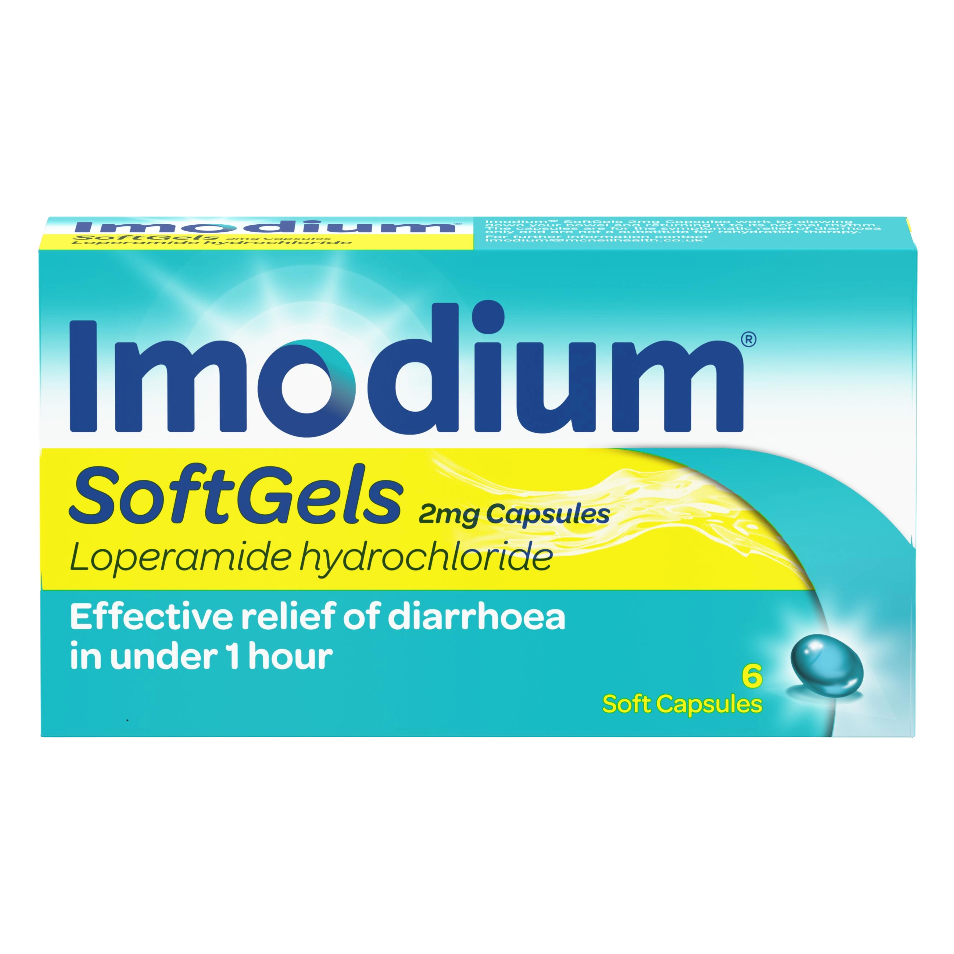 Close up of IMODIUM® SoftGels Capsules product packaging -en-US