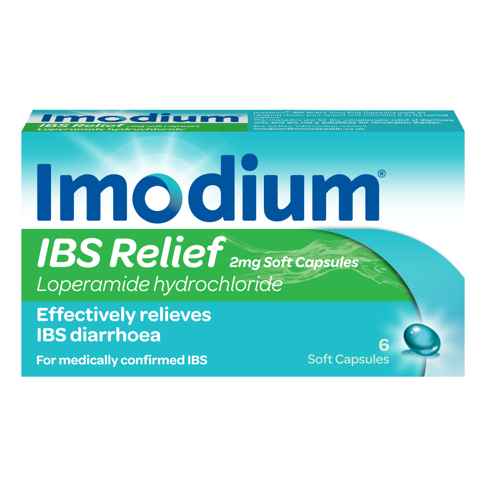 Close up of Imodium IBS Relief soft capsules product packaging -en-US