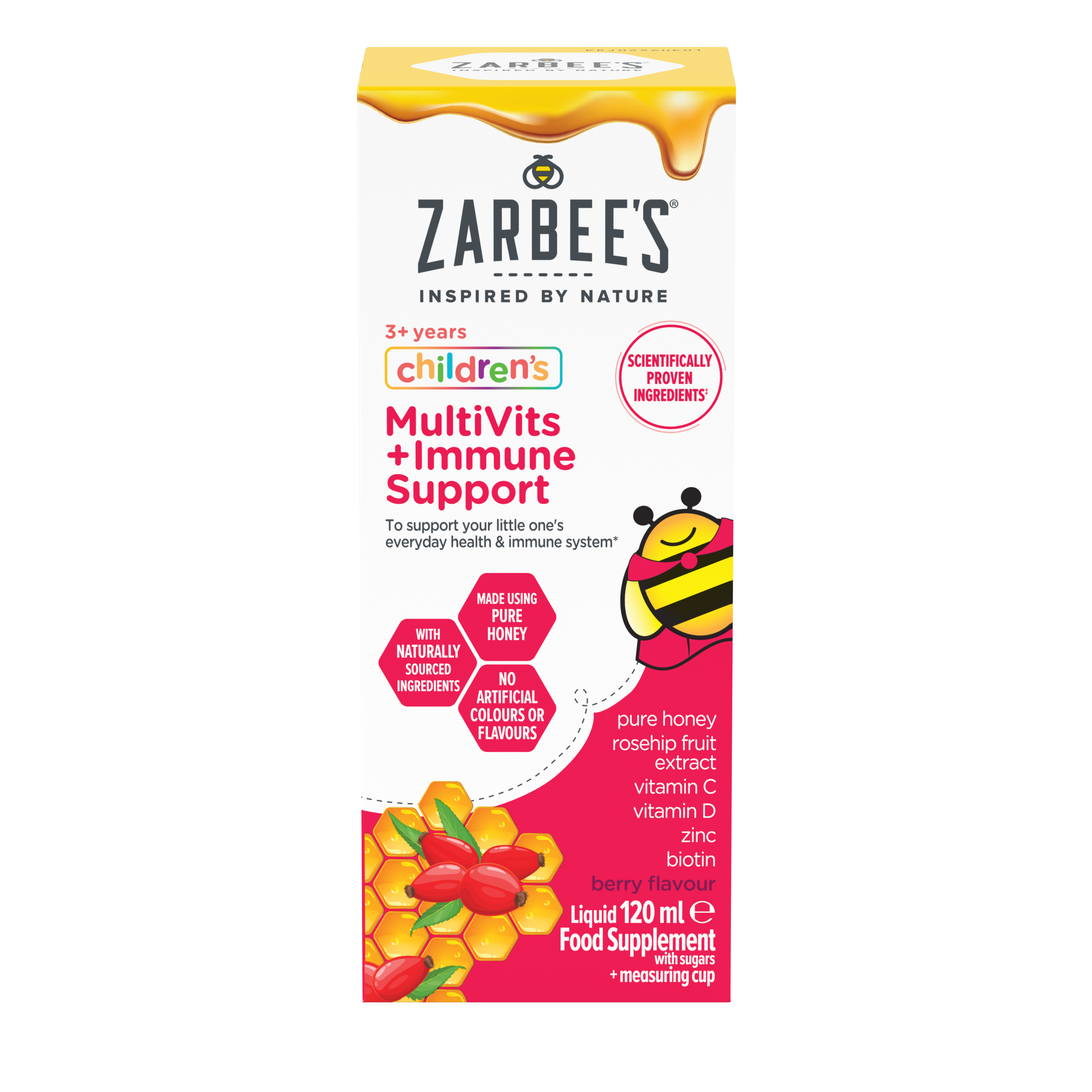 Zarbee's® Children's MultiVits + Immune Support, 120ml liquid food supplement.  Made with pure honey & rosehip flower extract. 