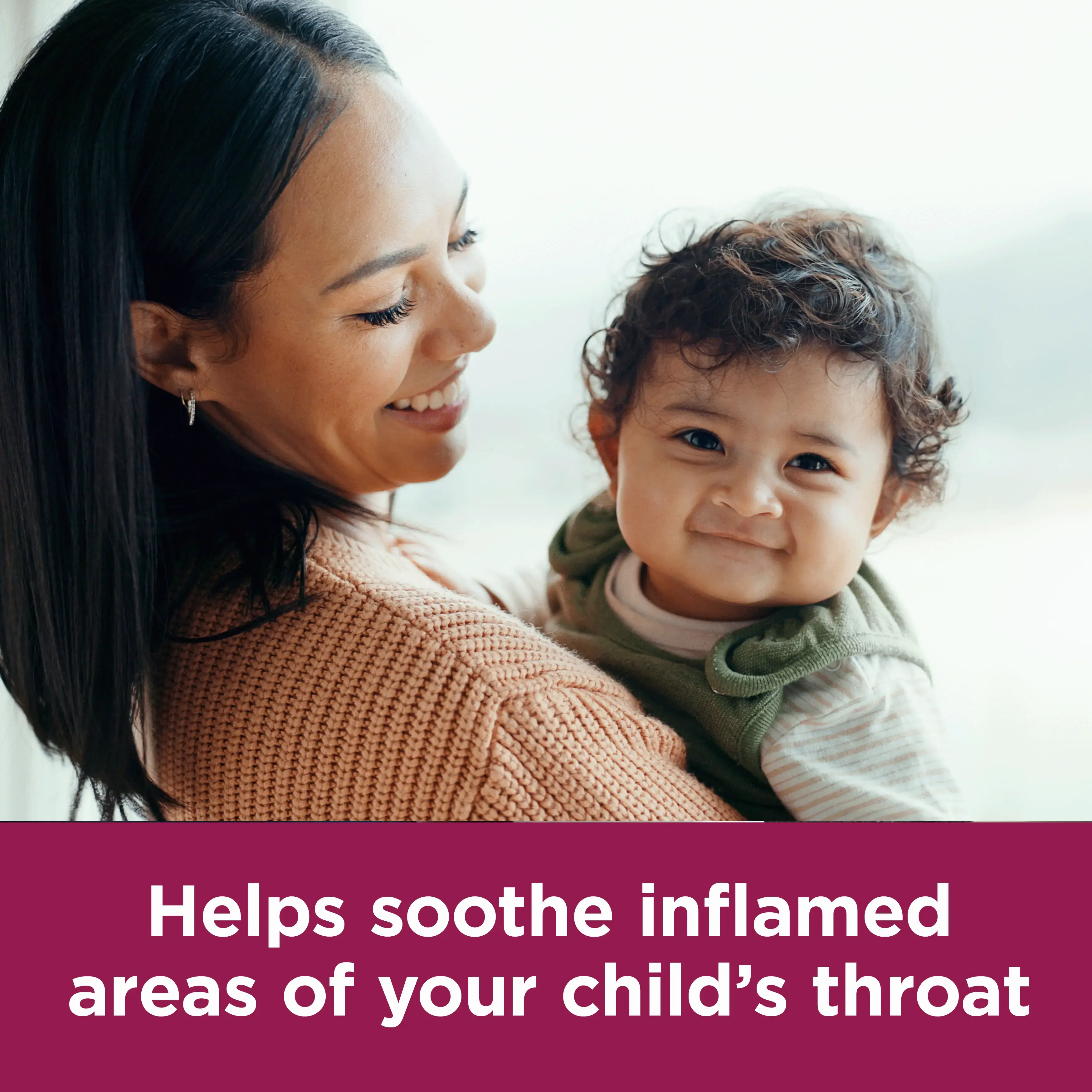 Image showing a woman with a baby on her arms with the claim: Helps soothe inflamed areas of your child's throat