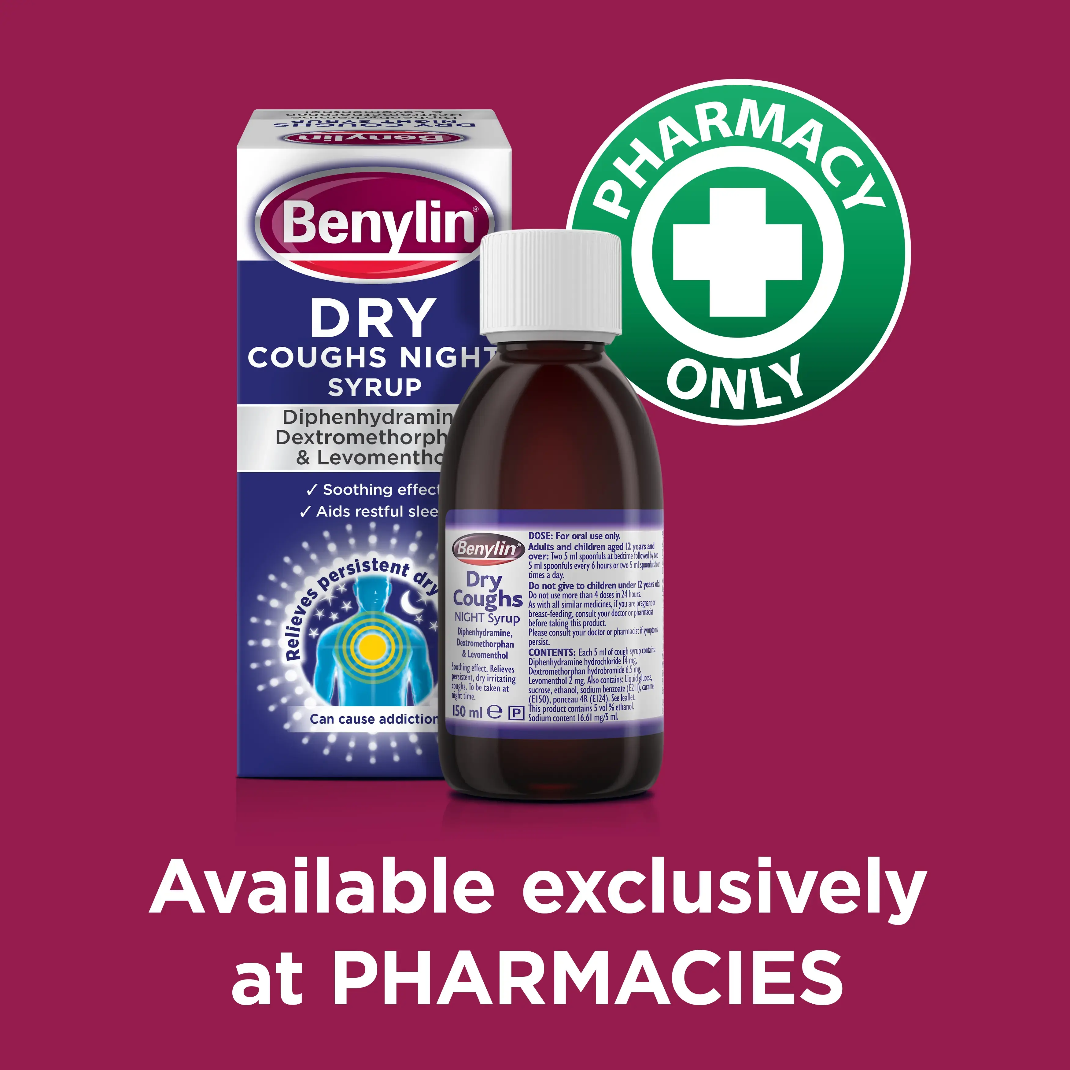 Image showing the bottle of Benylin Dry Cough Night Syrup with the claim: Available exclusively at pharmacies