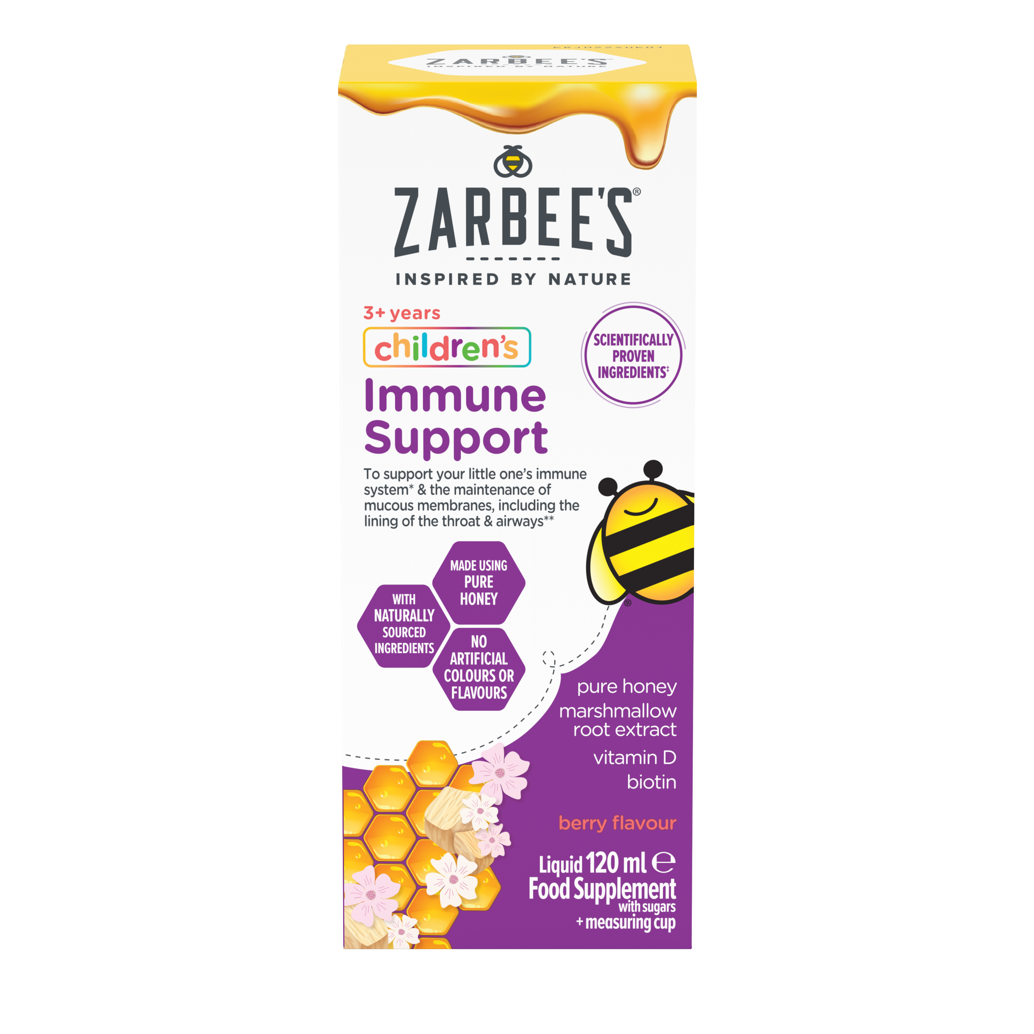 Zarbees® Children's Immune Support, 120ml berry liquid food supplement.  For children aged 3+. Made with pure honey and marshmallow root extract. 