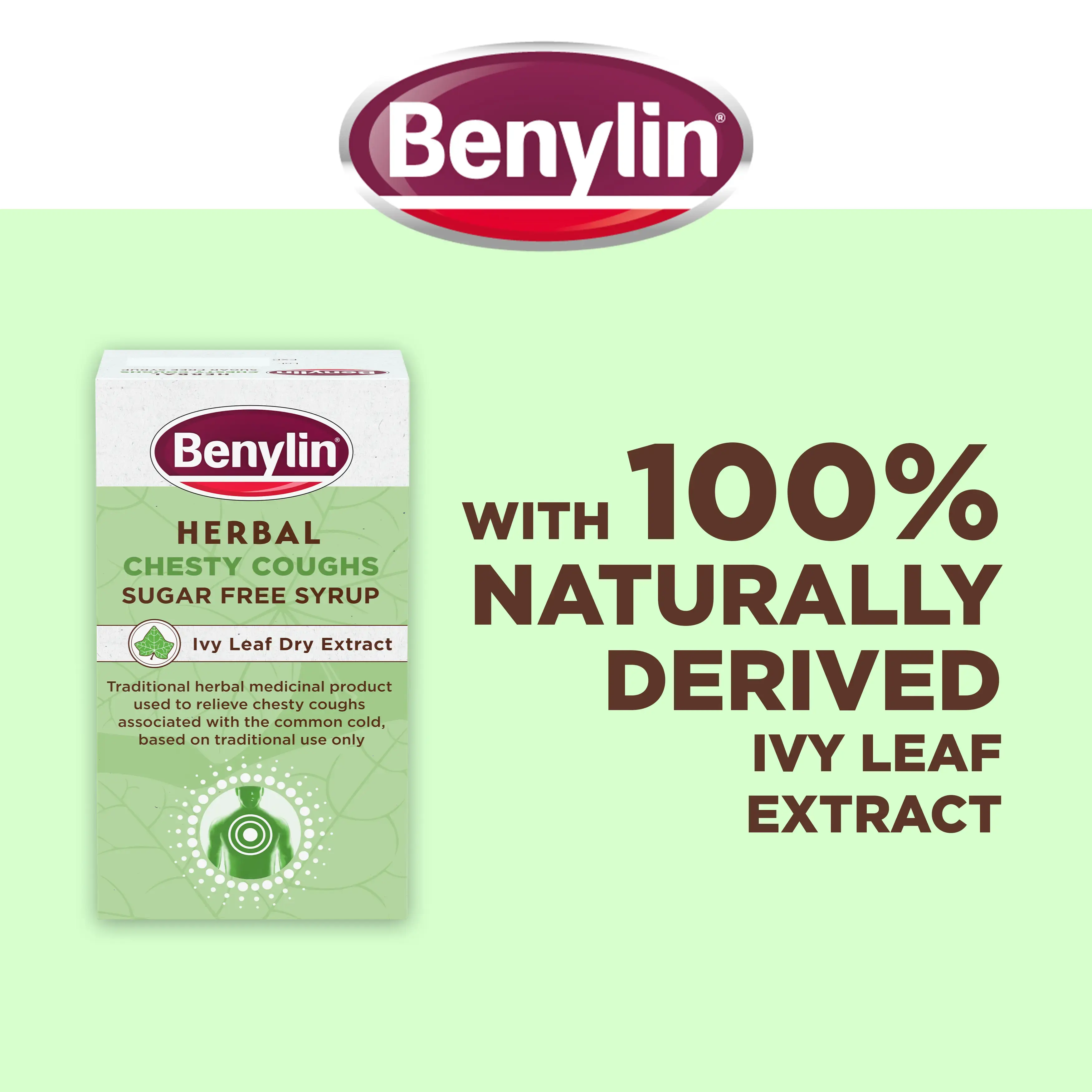 Image showing packshot of Benylin Herbal Chesty Cough Sugar Free Syrup with the title: with 100% naturally derived ivy leaf extract