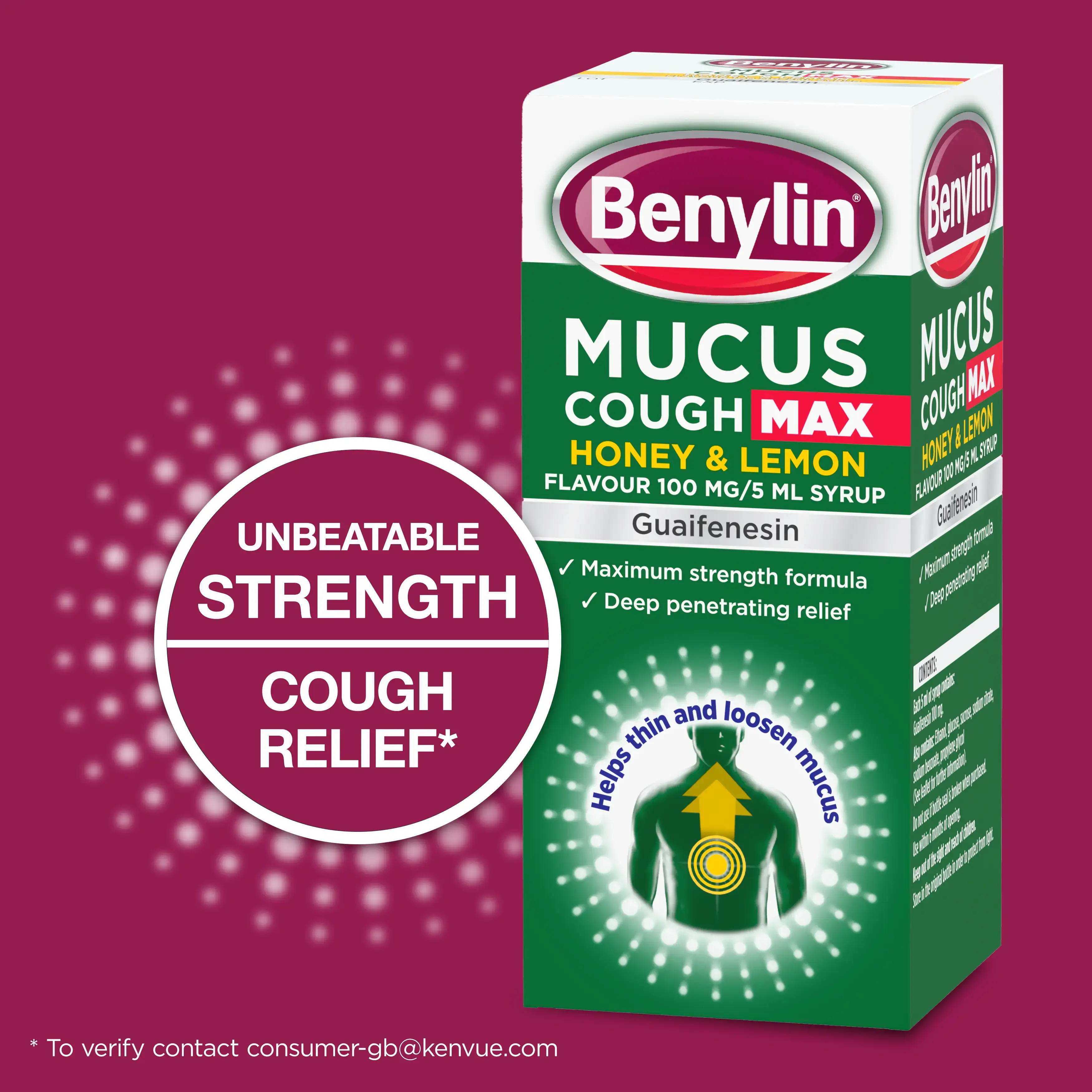 Image showing packshot of Benylin Mucus Cough Max Honey & Lemon with the caption: Unbeatable strength cough relief