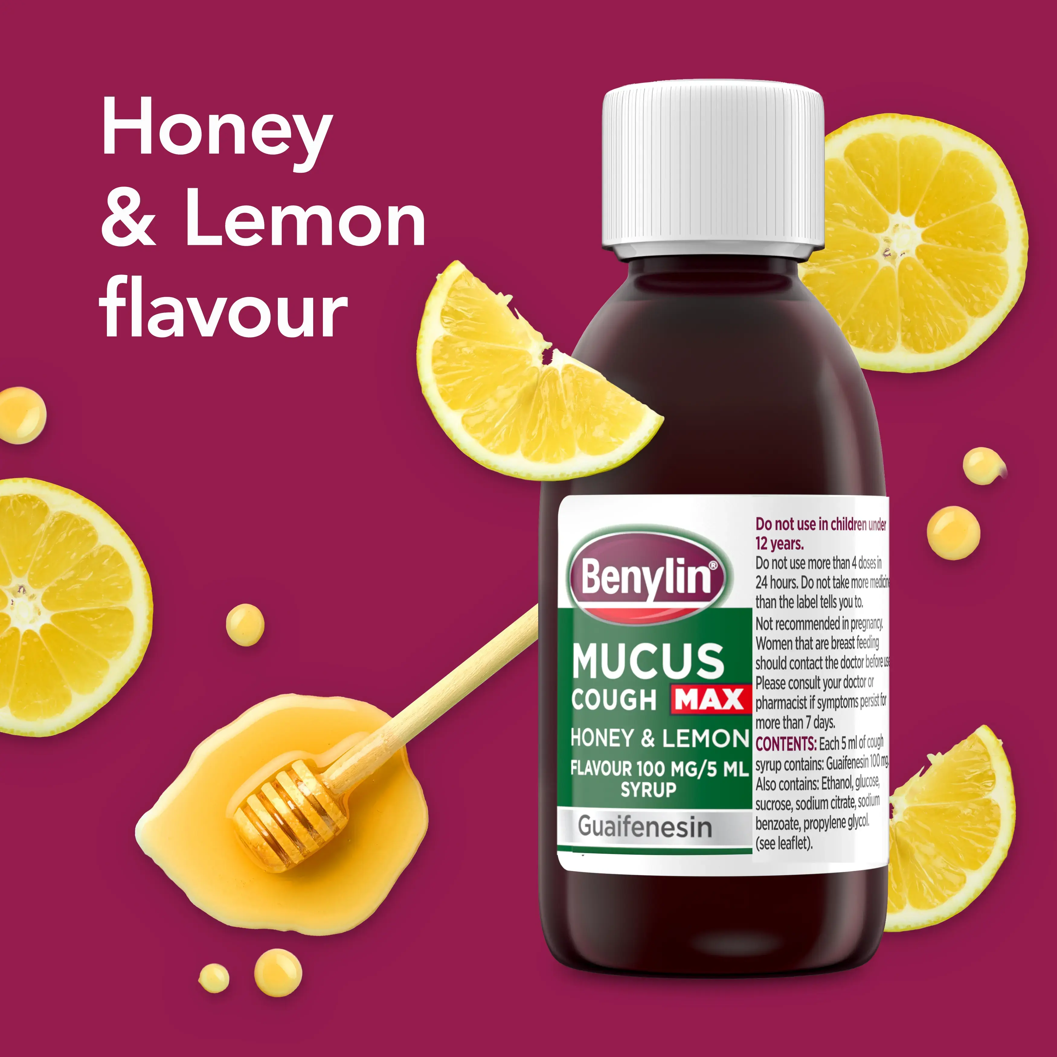 Image showing the bottle of Benylin Mucus Cough Max Honey & Lemon with the title: Honey & Lemon flavour
