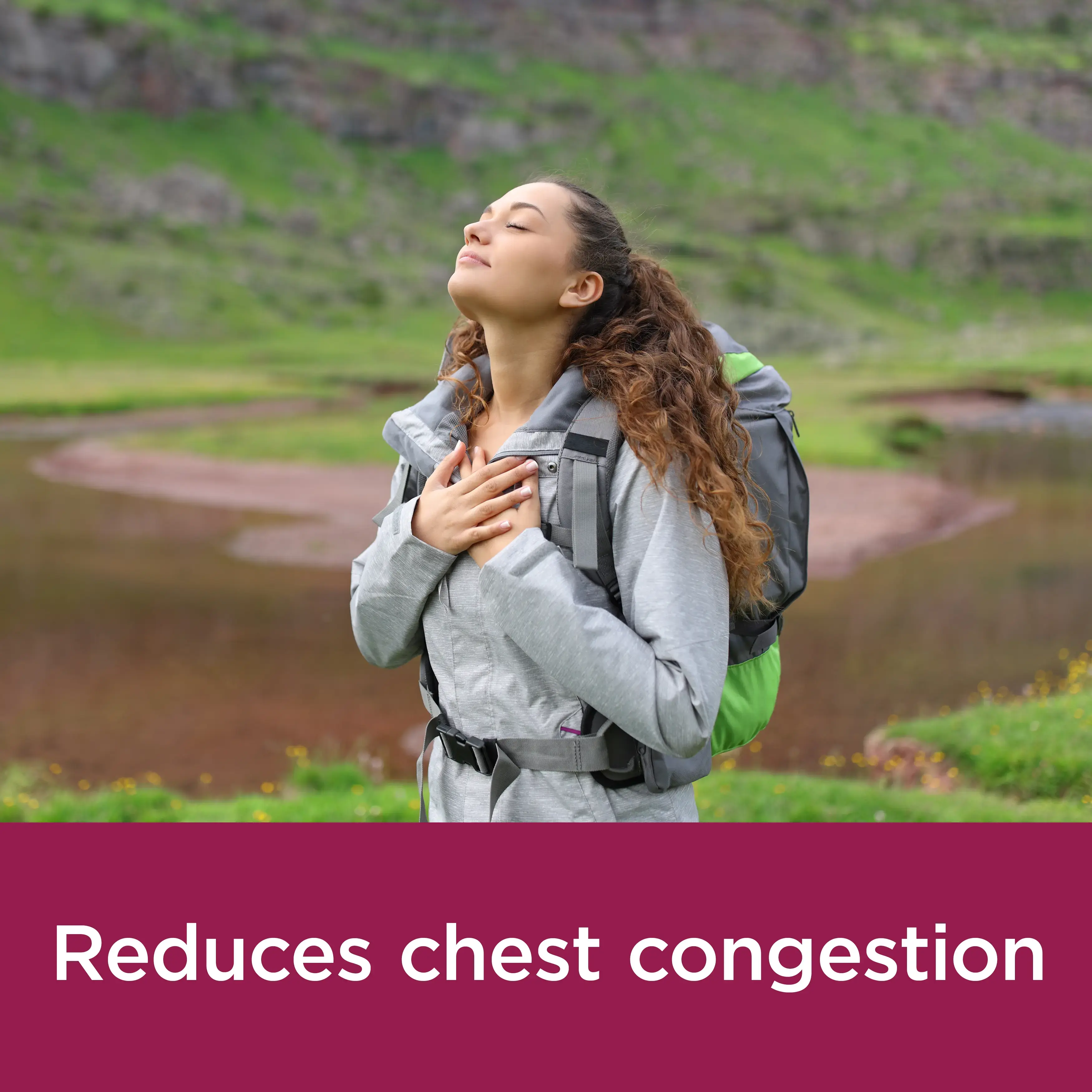Image of a woman with her hands on the chest with the claim: Reduces chest congestion