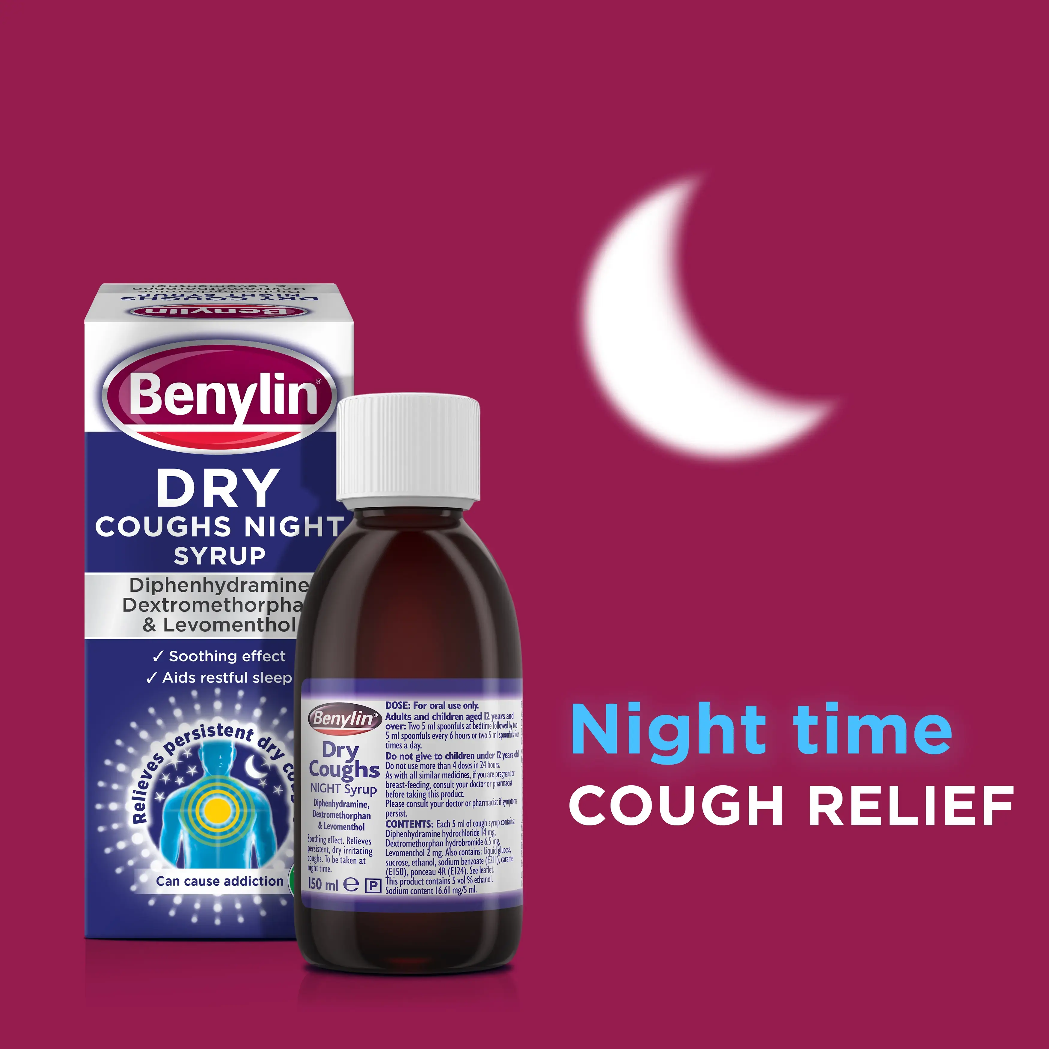 Image with the title: Night time cough relief referring to Benylin's Dry Coughs Night Syrup