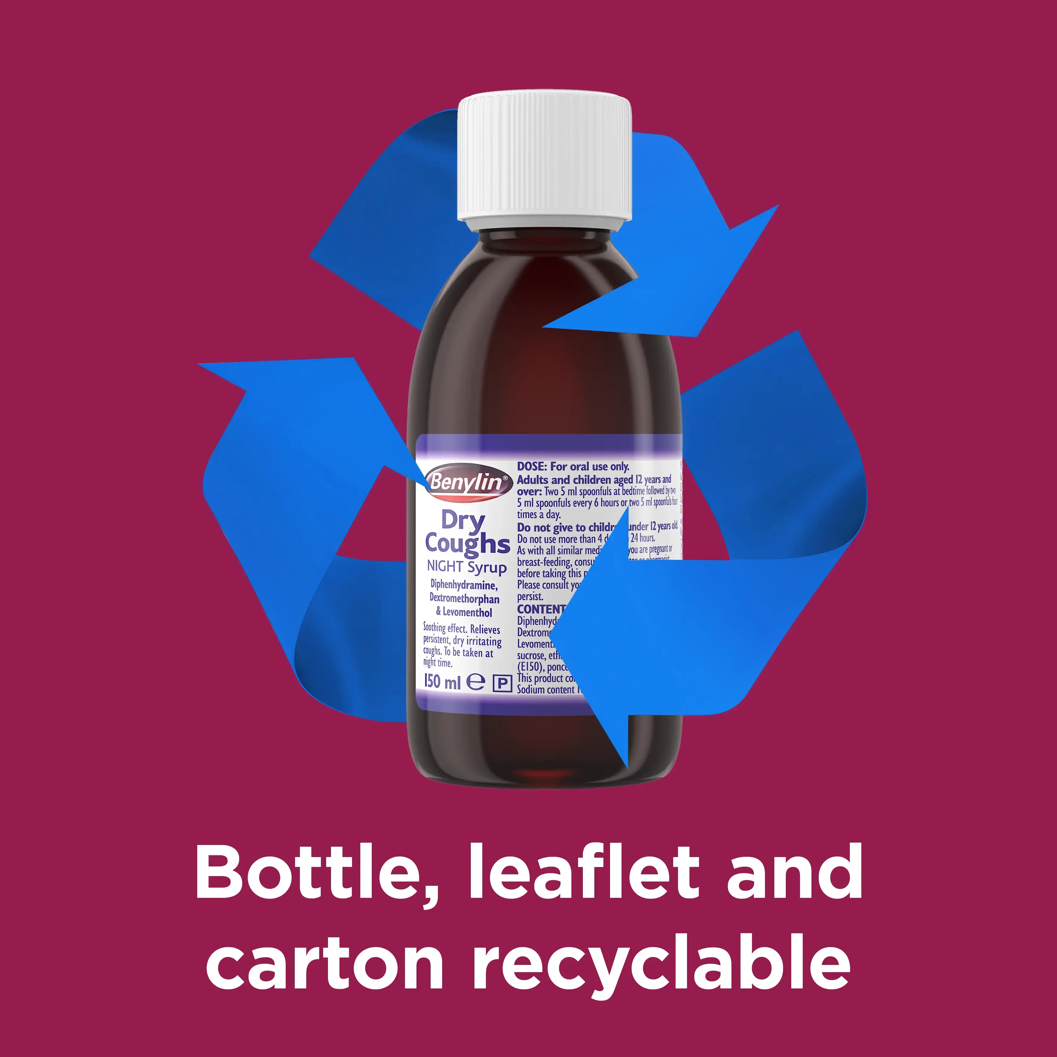Image showing the bottle of Benylin Dry Cough Night Syrup with the claim: Bottle, leaflet and carton recyclable