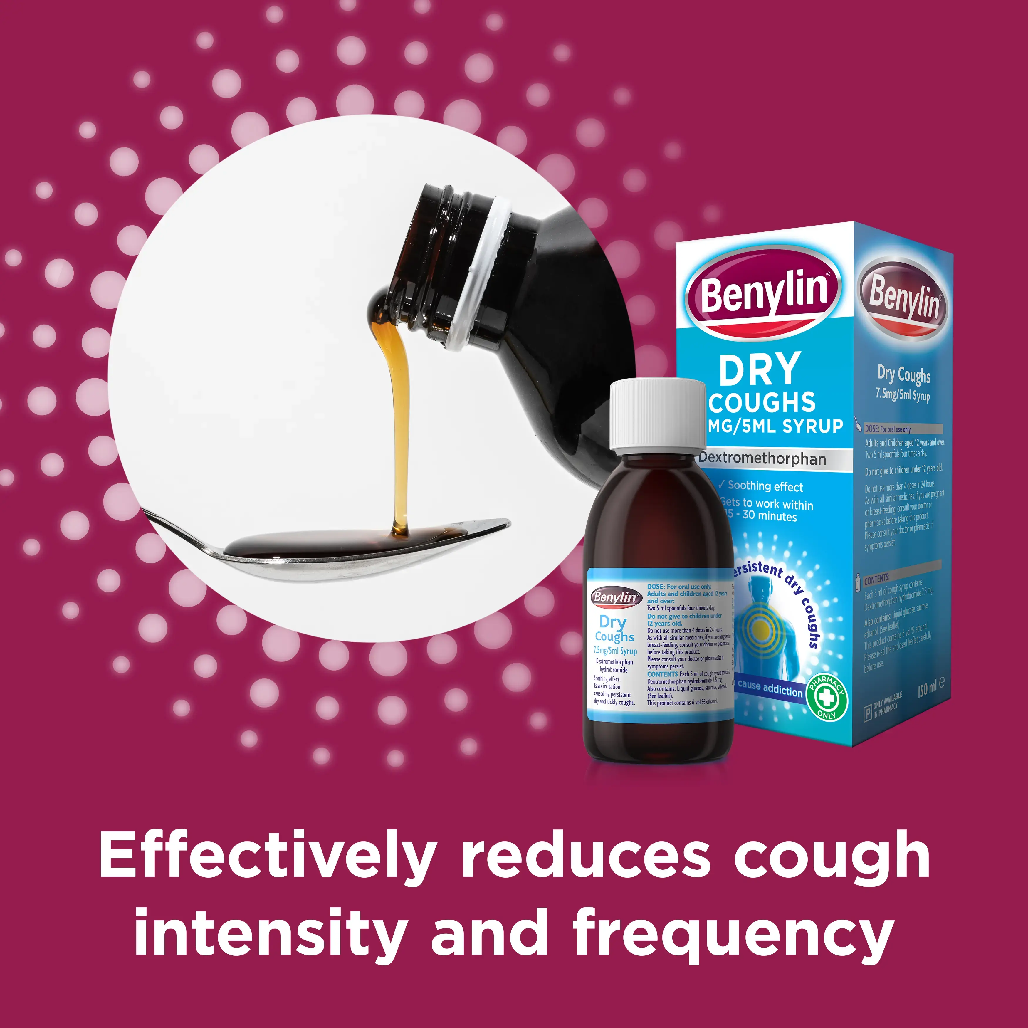 Image showing packshot of Benylin Dry Coughs with the caption: Effectively reduces cough intensity and frequency