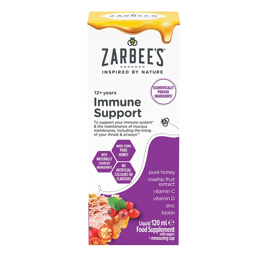 Zarbee's® Immune Support, 120ml liquid food supplement for 12+.  Made with pure honey, rosehip flower extract & vitamins 