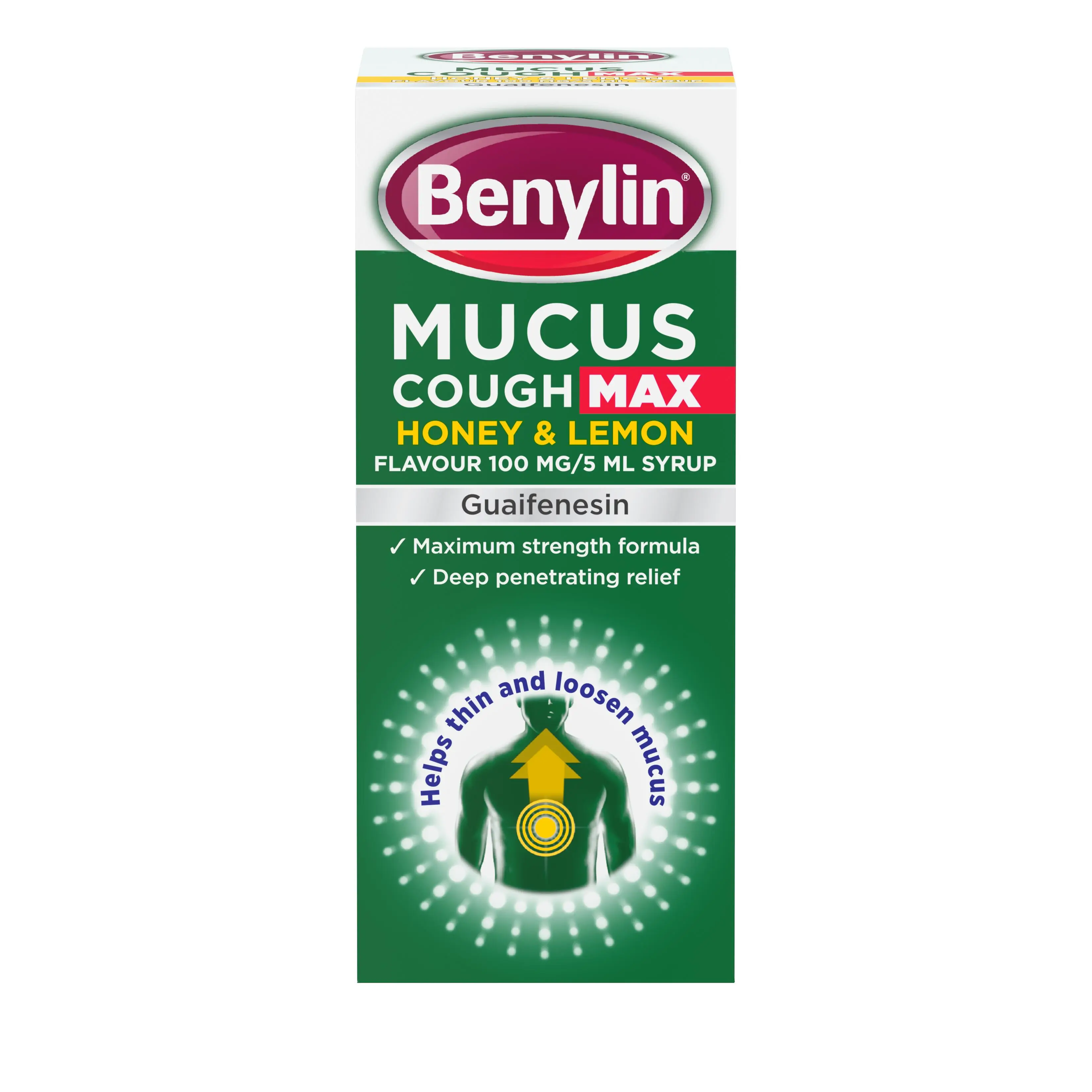 Benylin® Mucus Cough Max Honey and Lemon Flavour Syrup Packshot