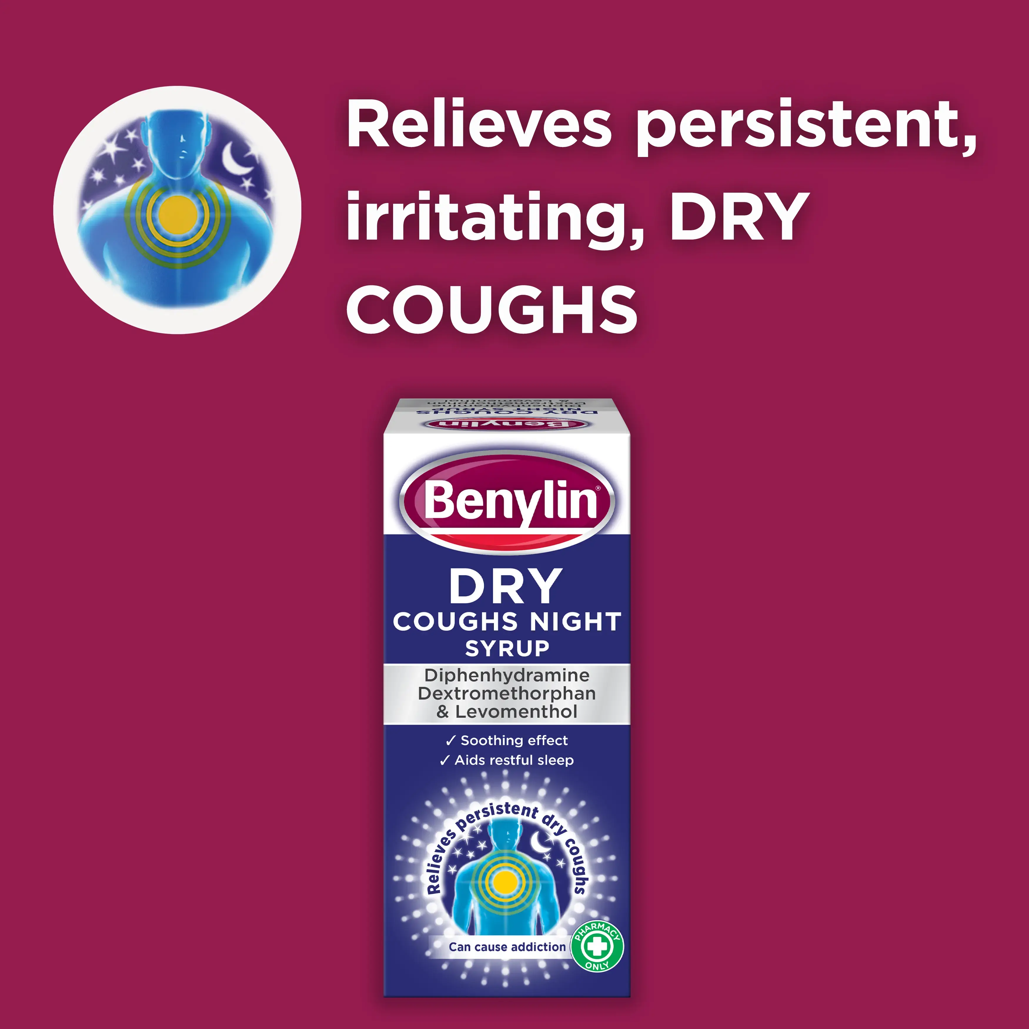 Image with the title: Relieves persistent, irritating, dry coughs referring to Benylin's Dry Coughs Night Syrup