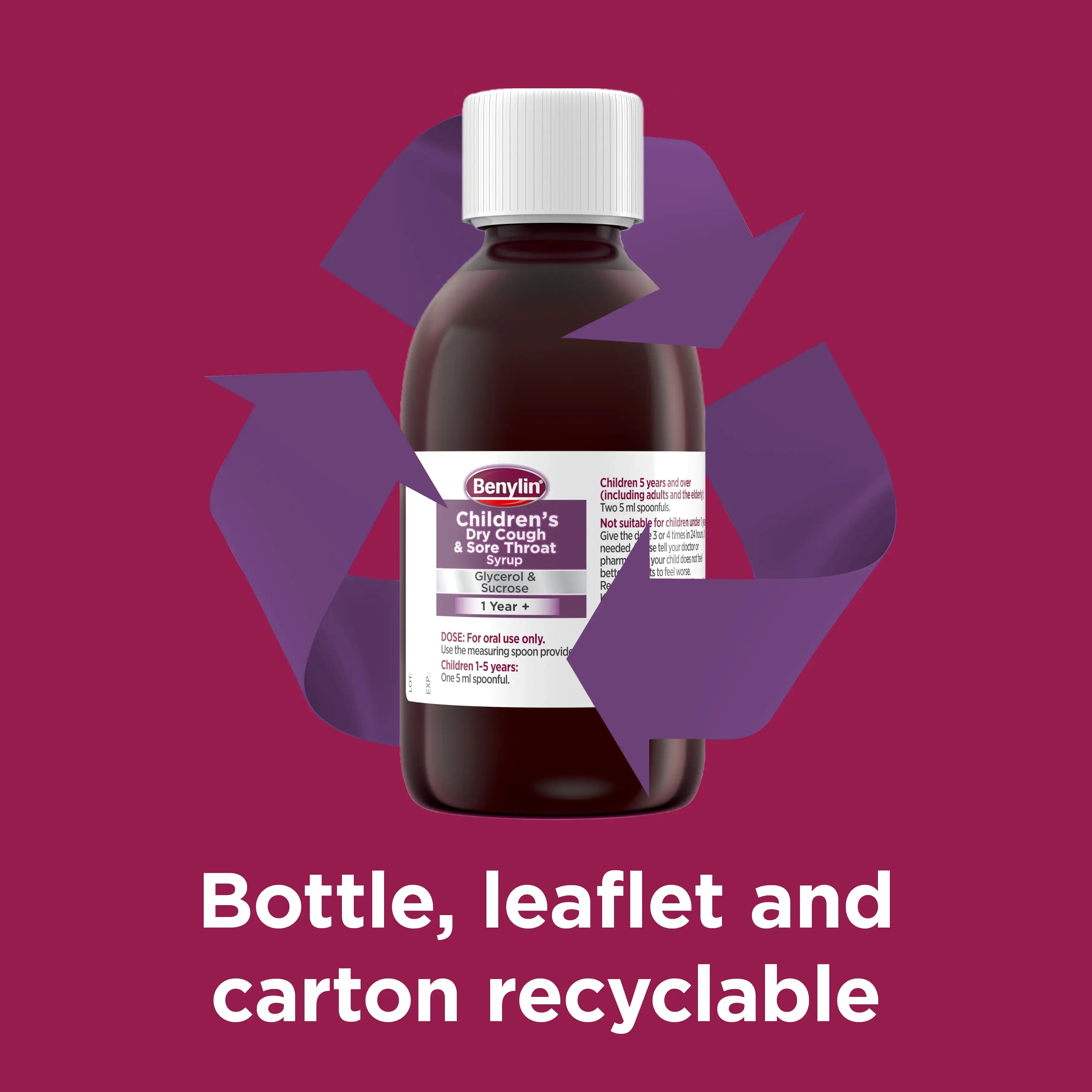Image showing the bottle of Benylin Children's Dry Cough & Sore Throat Syrup with the claim: Bottle, leaflet and carton recyclable