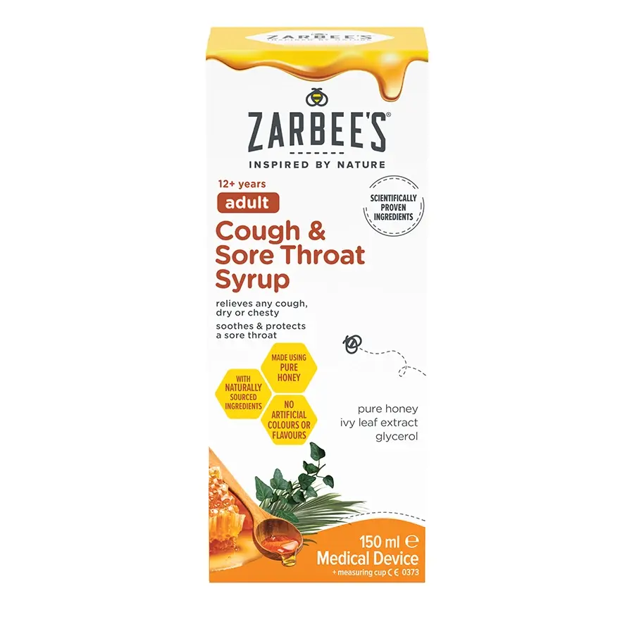 Zarbee's® Adult Cough & Sore Throat Syrup, 150ml. Relieves coughs, soothes sore throats.  For adults aged 12+. 