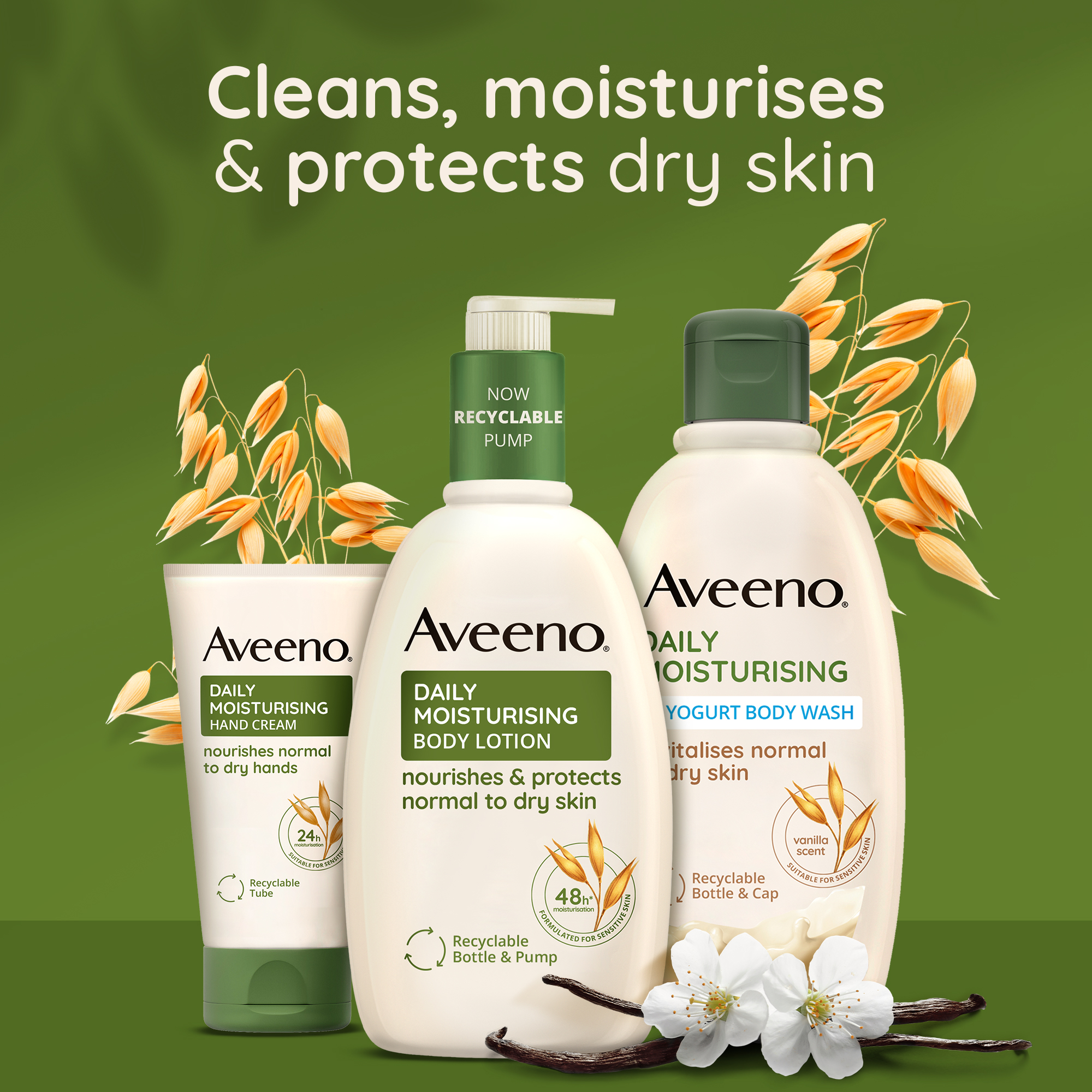 Cleanses, moisturises and protects dry skin