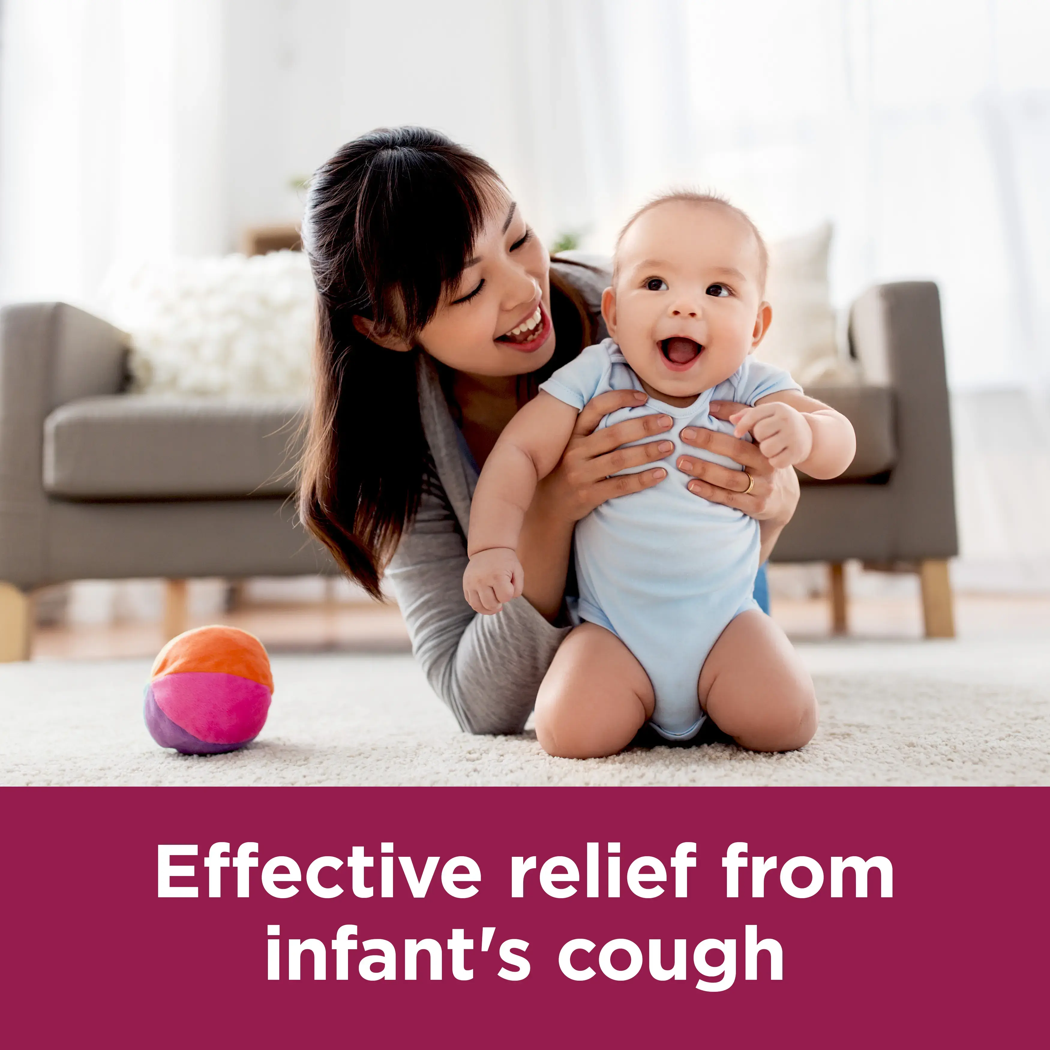 Image showing a mother and her baby with the caption: effective relief from infant's cough