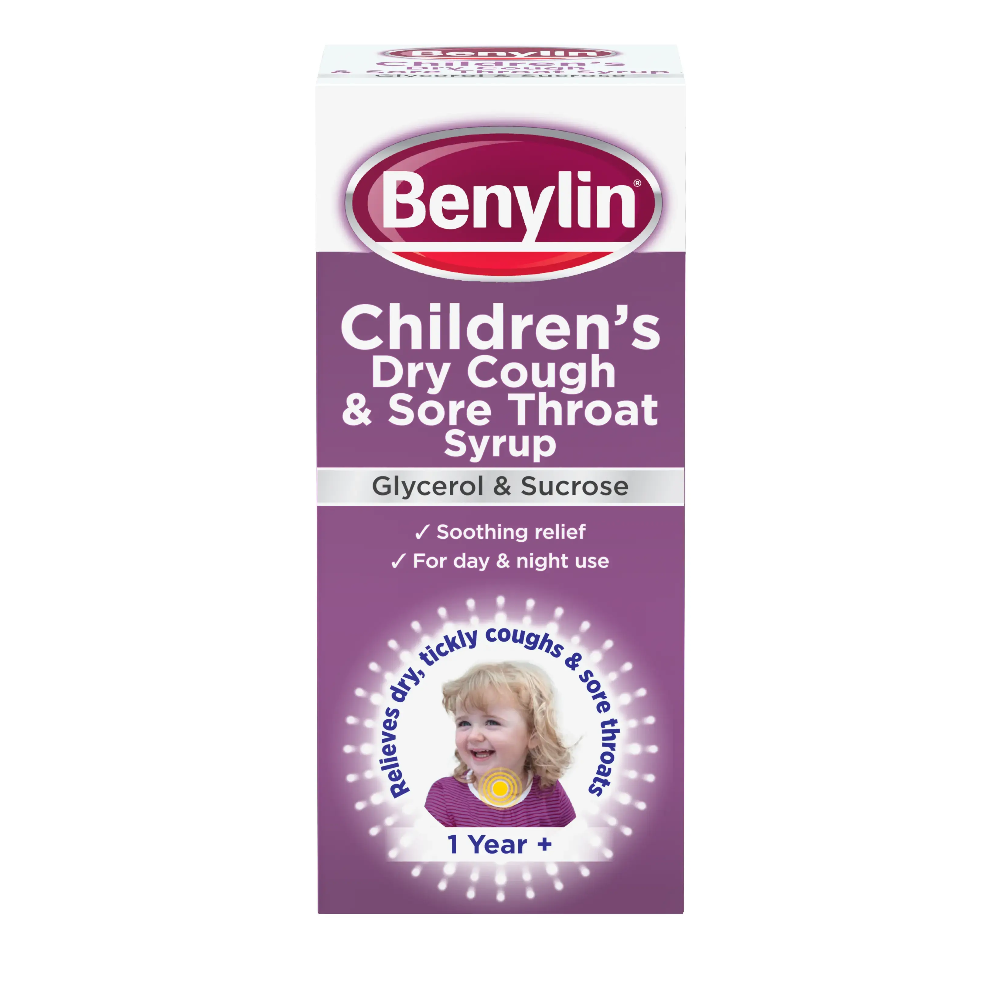Benylin® childrens dry cough and sore throat syrup packshot