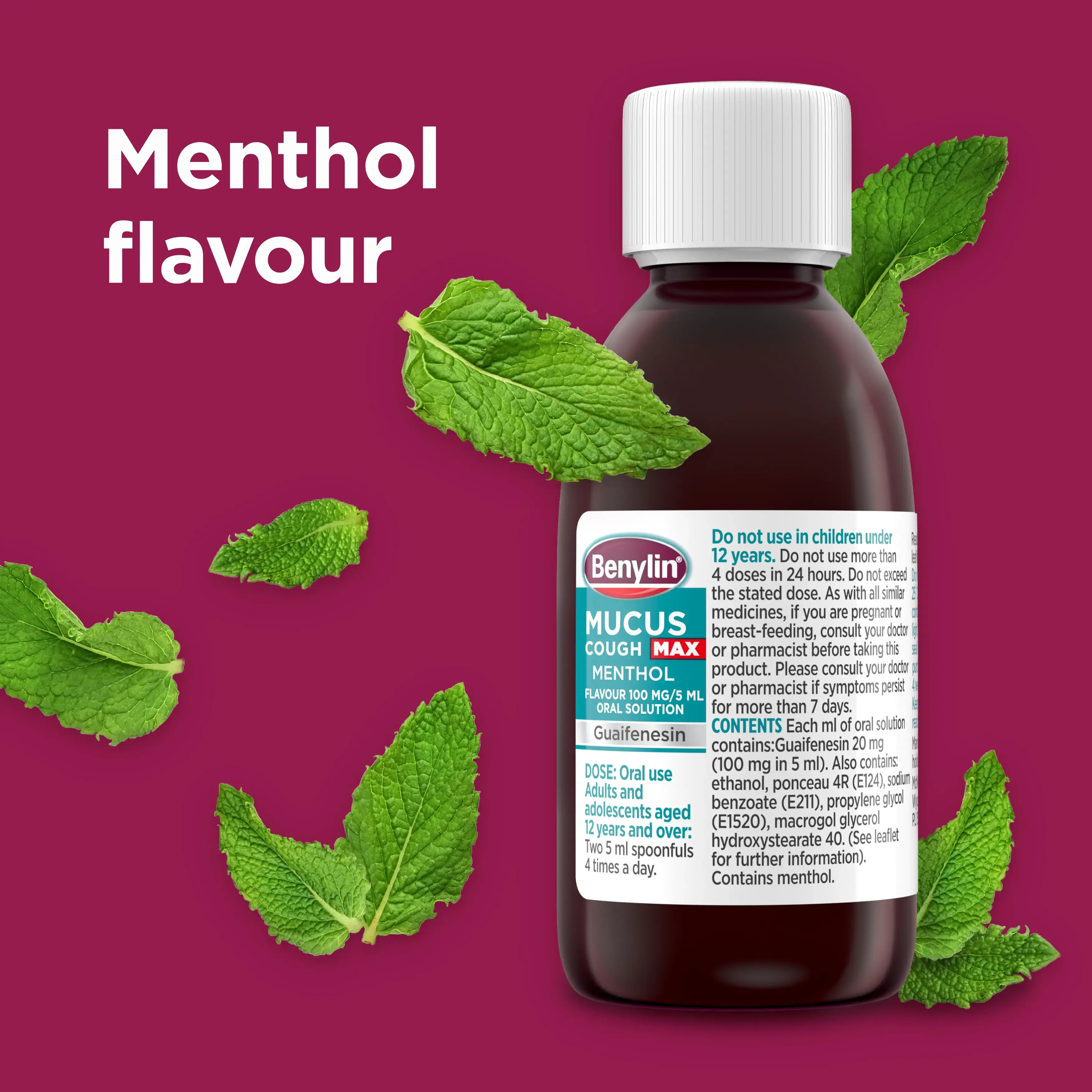 Image showing the bottle of Benylin Mucus Cough Max Menthol with the title: Menthol flavour
