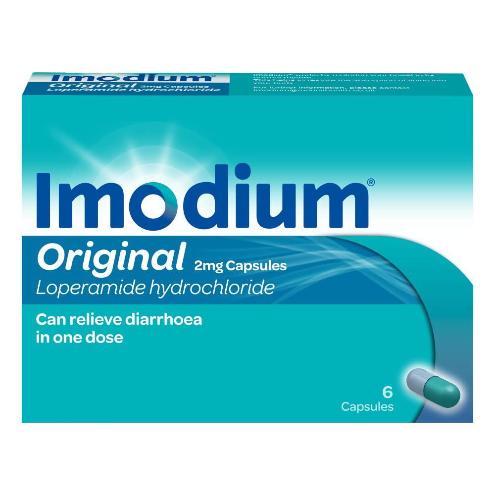 Close up of Imodium Originals capsules product packaging-en-US