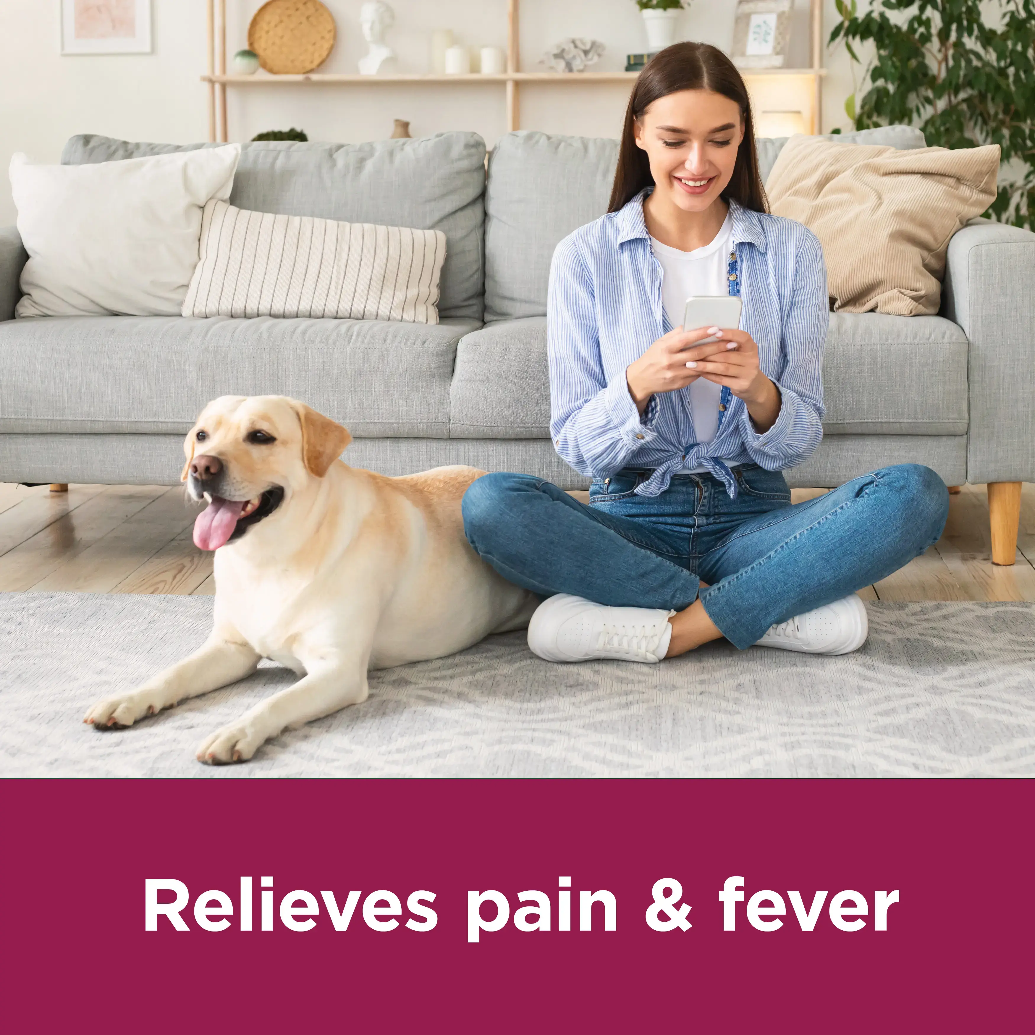 Image of a woman and her dog with the claim: Relieves pain & fever