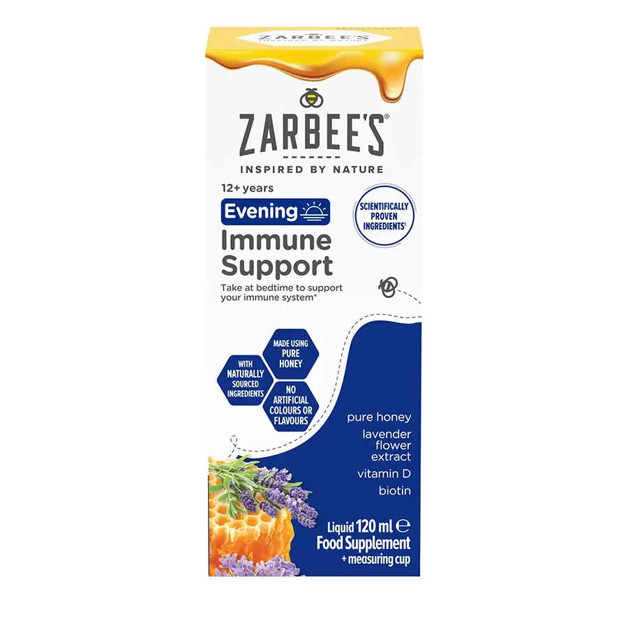 Zarbees® Evening Immune Support, 120ml liquid food supplement for 12+ years. Made with pure honey & lavender flower extract. 